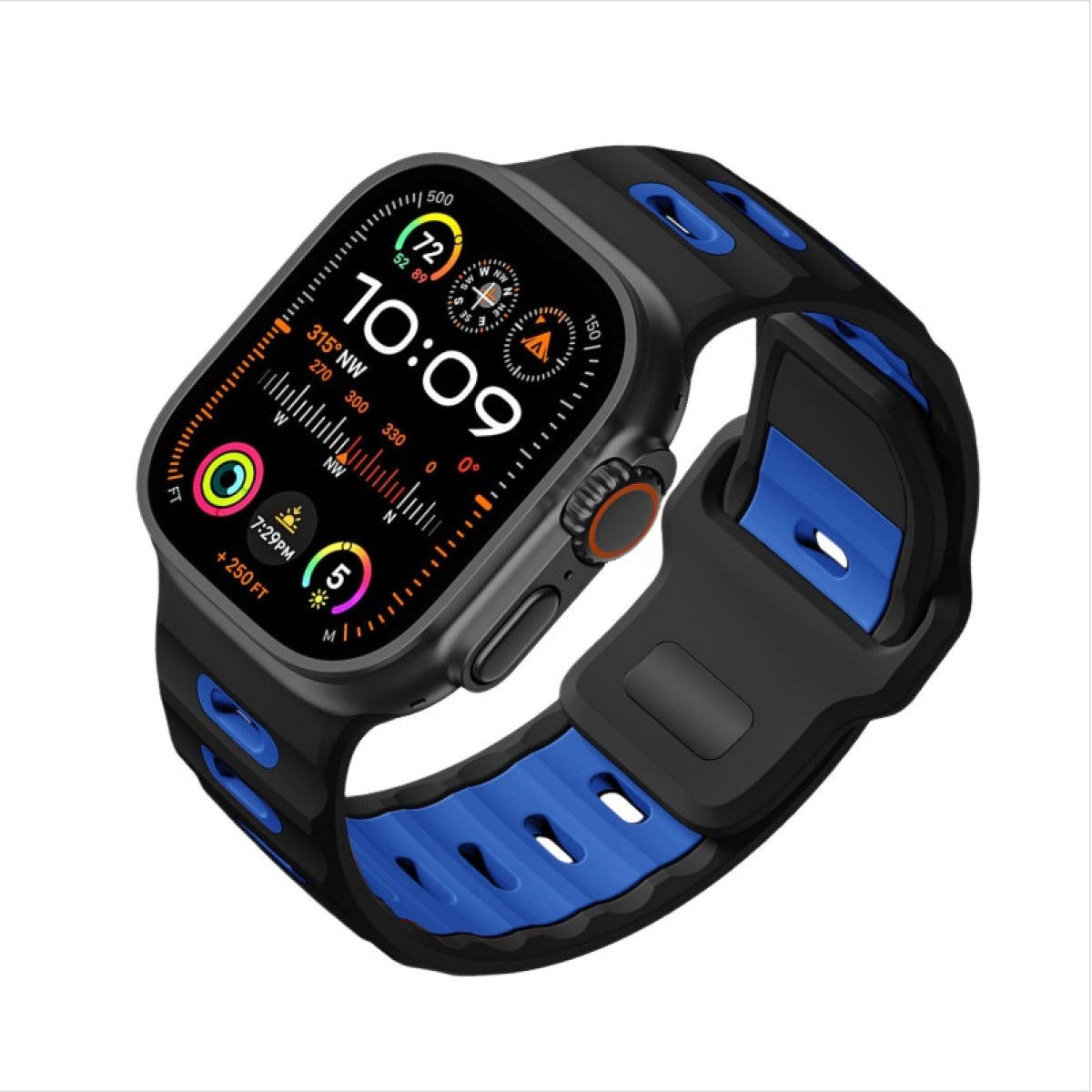 Schwarze Smartwatch mit schwarz-blauem Band, die die Uhrzeit anzeigt. Weißer Hintergrund.