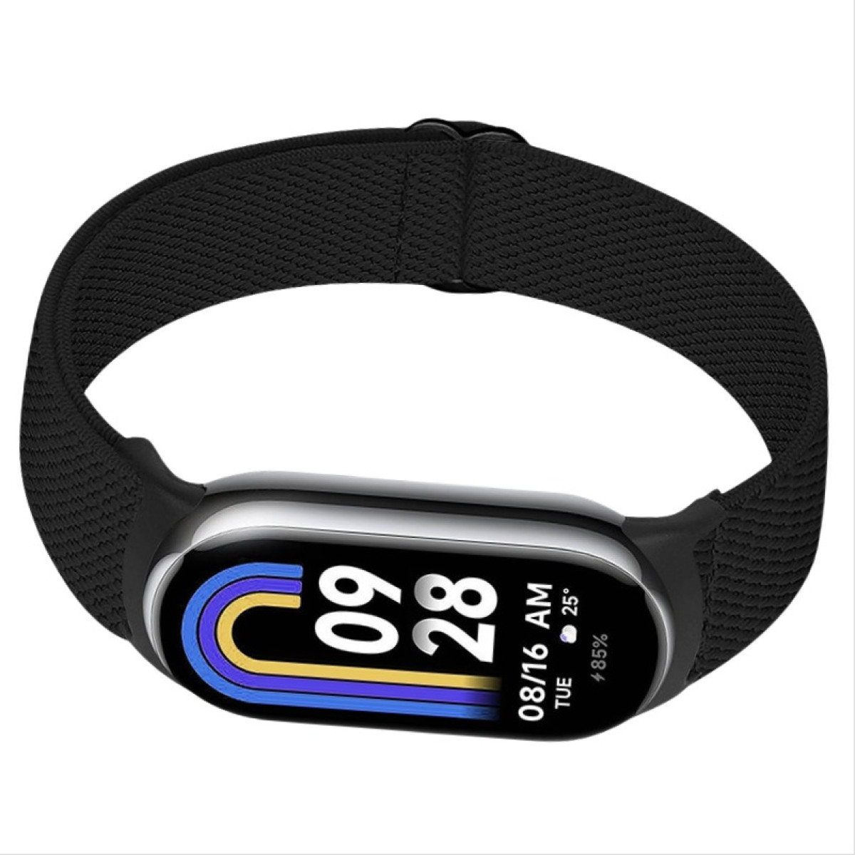 Tracker fitness nero con display digitale che mostra data e ora, su cinturino in tessuto nero.