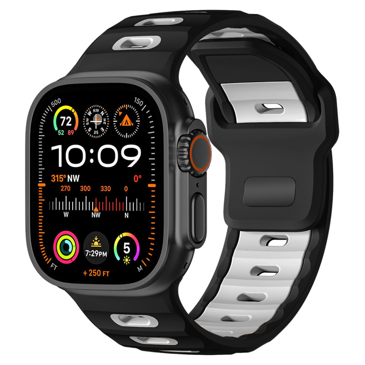 Smartwatch nero con cinturino bianco e nero che mostra l'ora, su sfondo bianco.