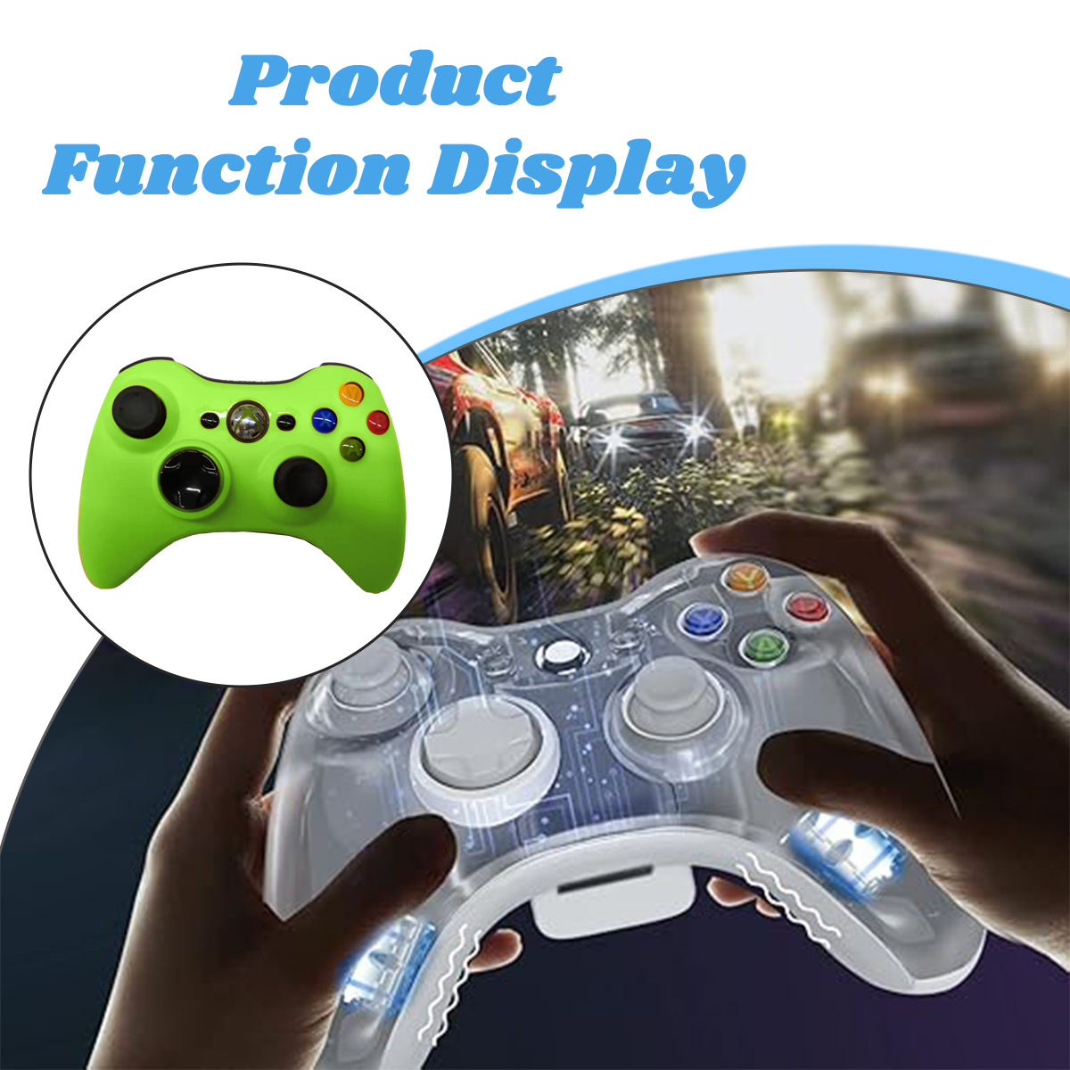 Ein grüner Gamecontroller in einem Kreis. Hände halten einen durchsichtigen Controller mit Lichtern, Hintergrund.