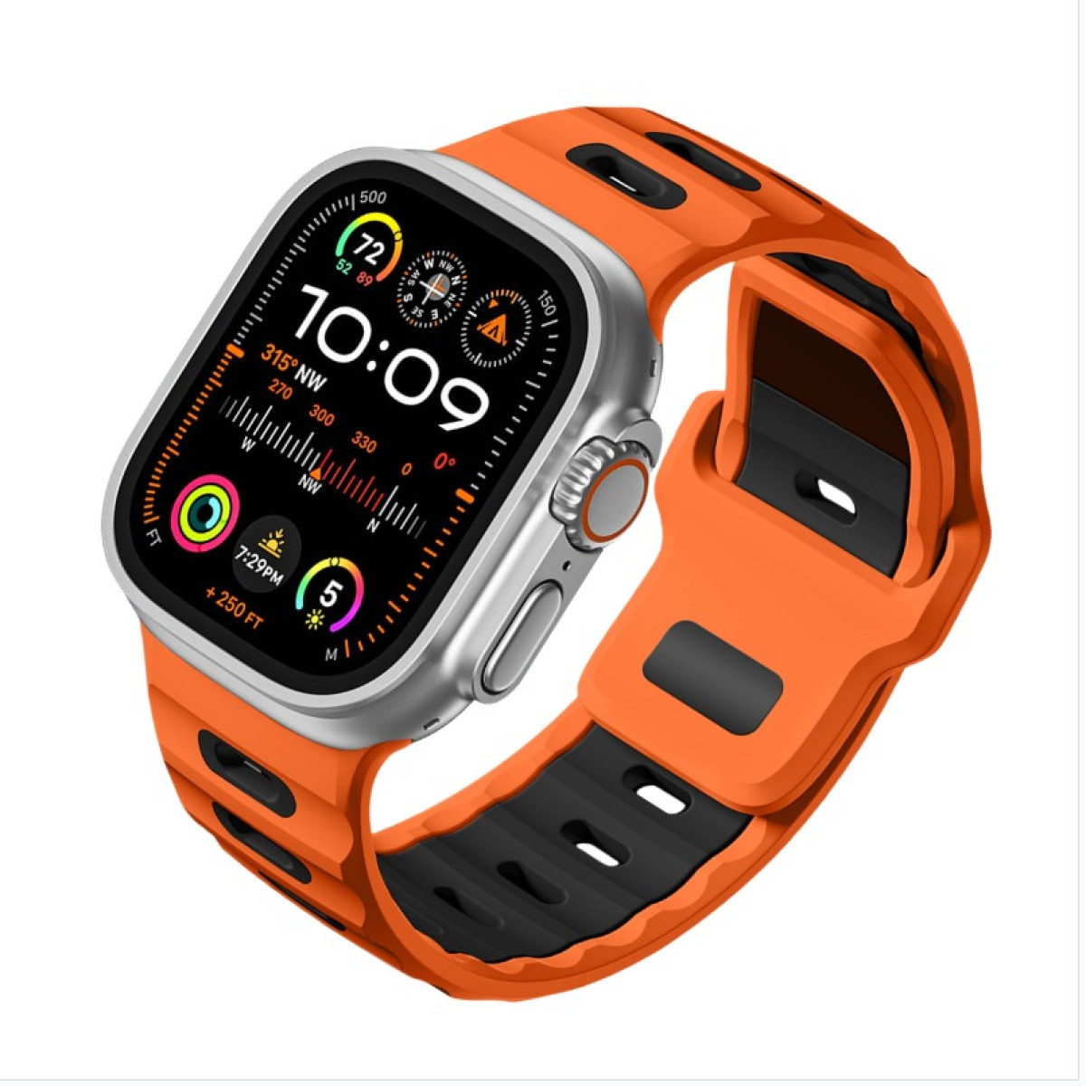 Eine silberne und orangefarbene Smartwatch mit einem schwarz-orangenen Armband. Der Bildschirm zeigt Zeit, Datum und Metriken.