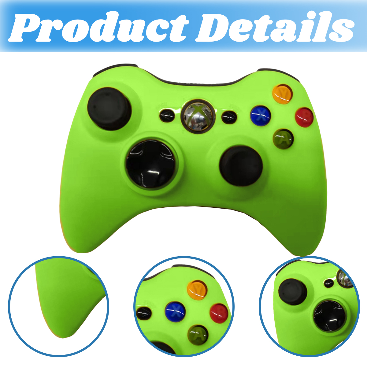 Nahaufnahme eines grünen Gamecontrollers mit detaillierten Einsätzen, die seine Teile zeigen. Weißer Hintergrund.
