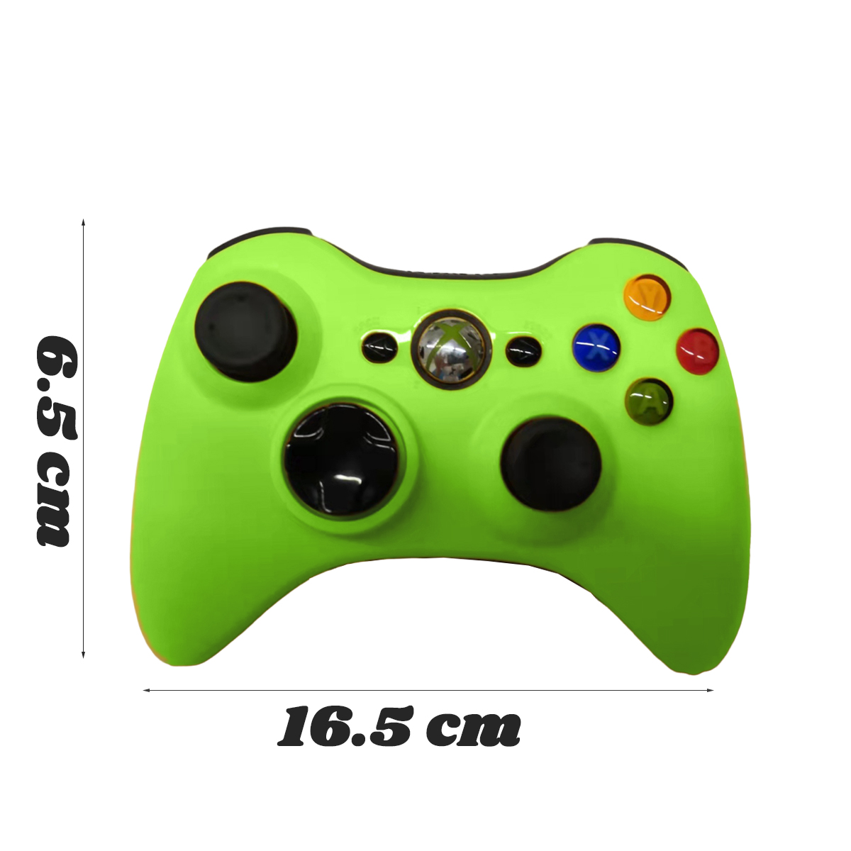 Grüner Xbox 360 Controller mit den Maßen 6,5 cm x 16,5 cm. Tasten: farbige A, B, X, Y und Start.