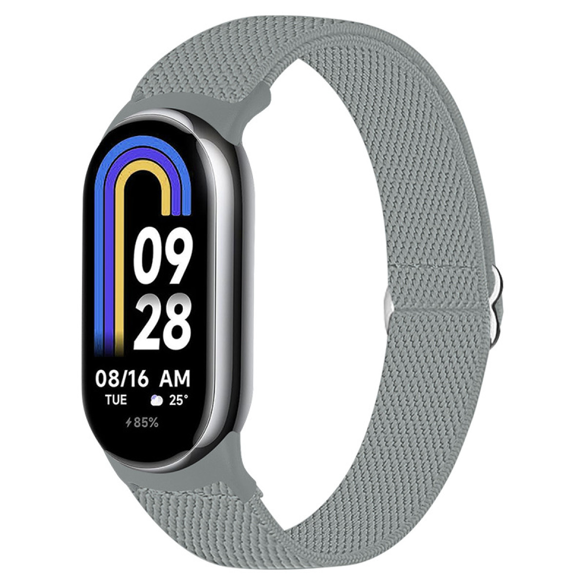 Uno smartwatch grigio con un cinturino in tessuto grigio. Lo schermo mostra l'ora, la data e la percentuale della batteria.