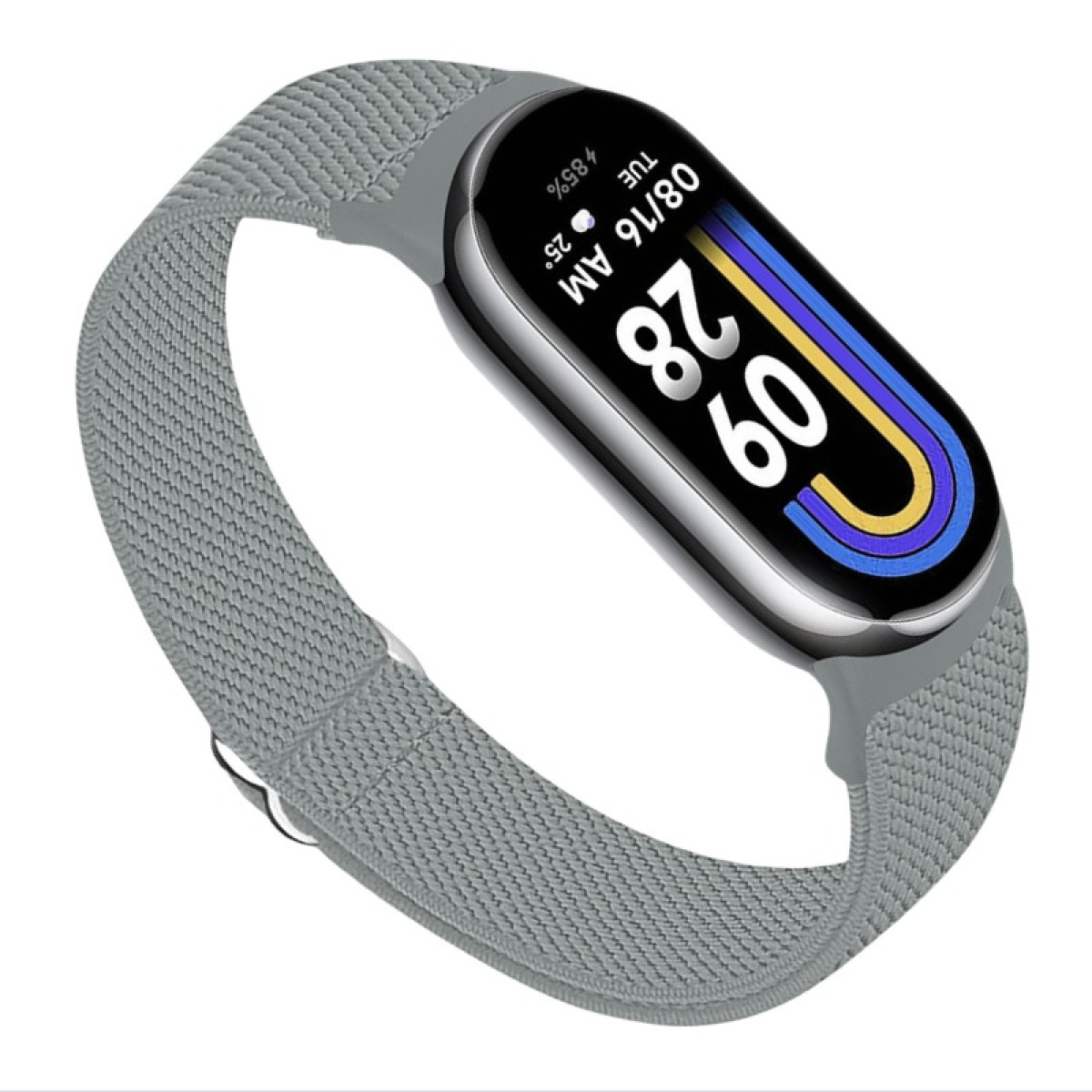 Uno smartwatch grigio con un cinturino in tessuto grigio. Lo schermo mostra l'ora, la data e la percentuale della batteria.