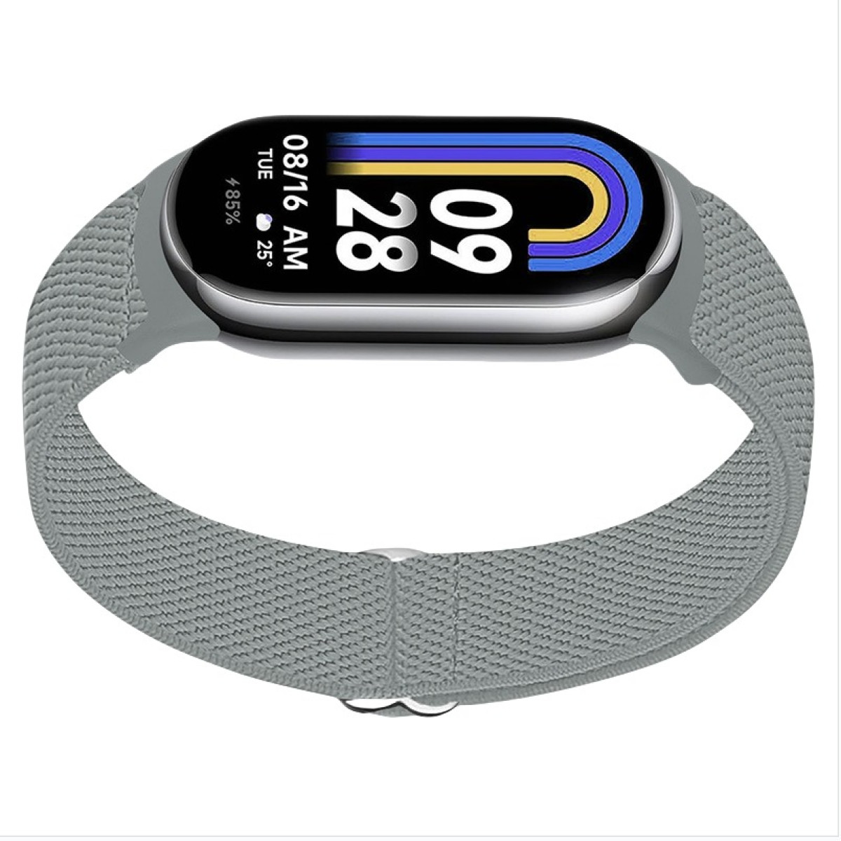 Uno smartwatch grigio con cinturino grigio mostra data e ora, con l'85% di batteria.