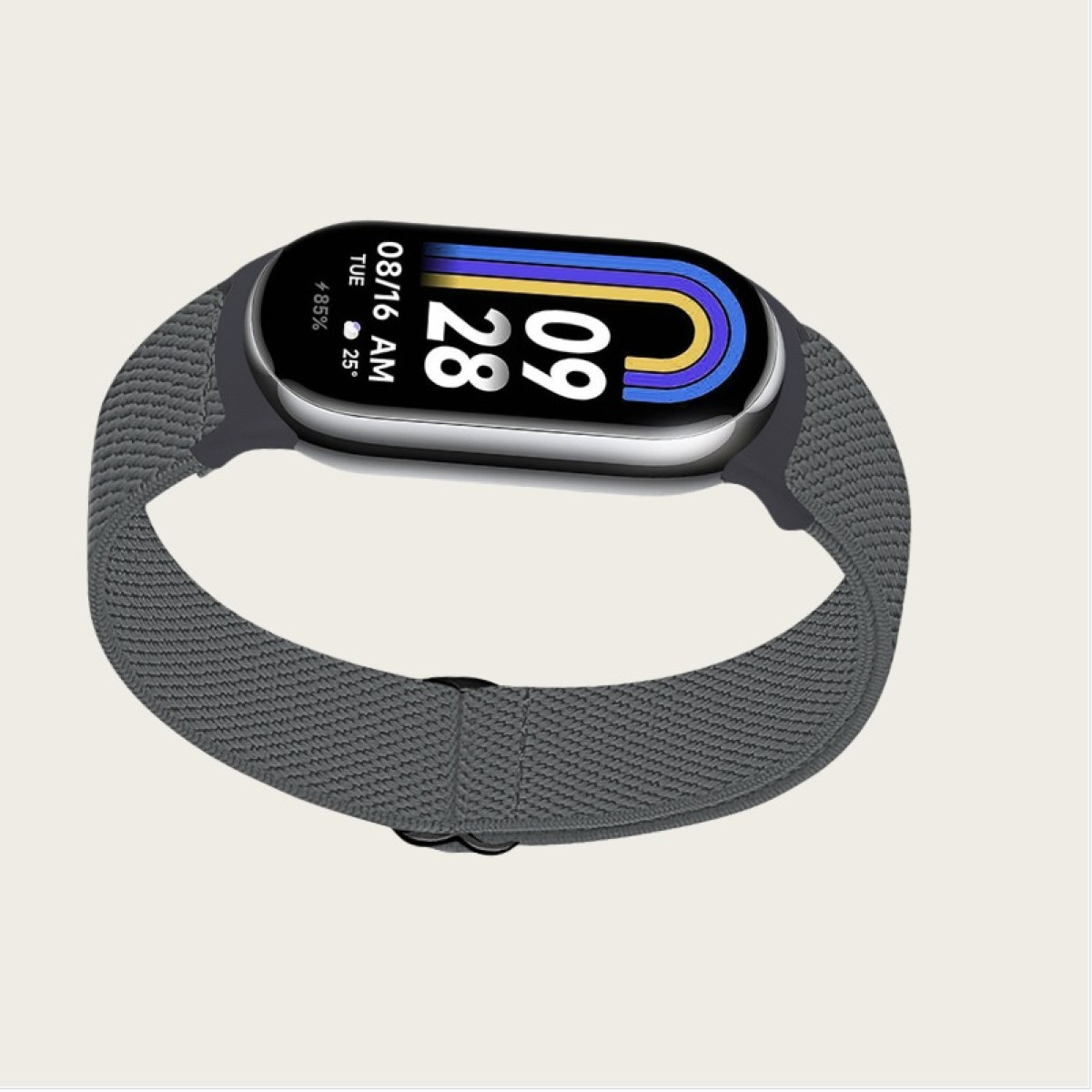 Eine graue Smartwatch mit grauem Armband zeigt Datum und Uhrzeit an, mit 85 % Akku.