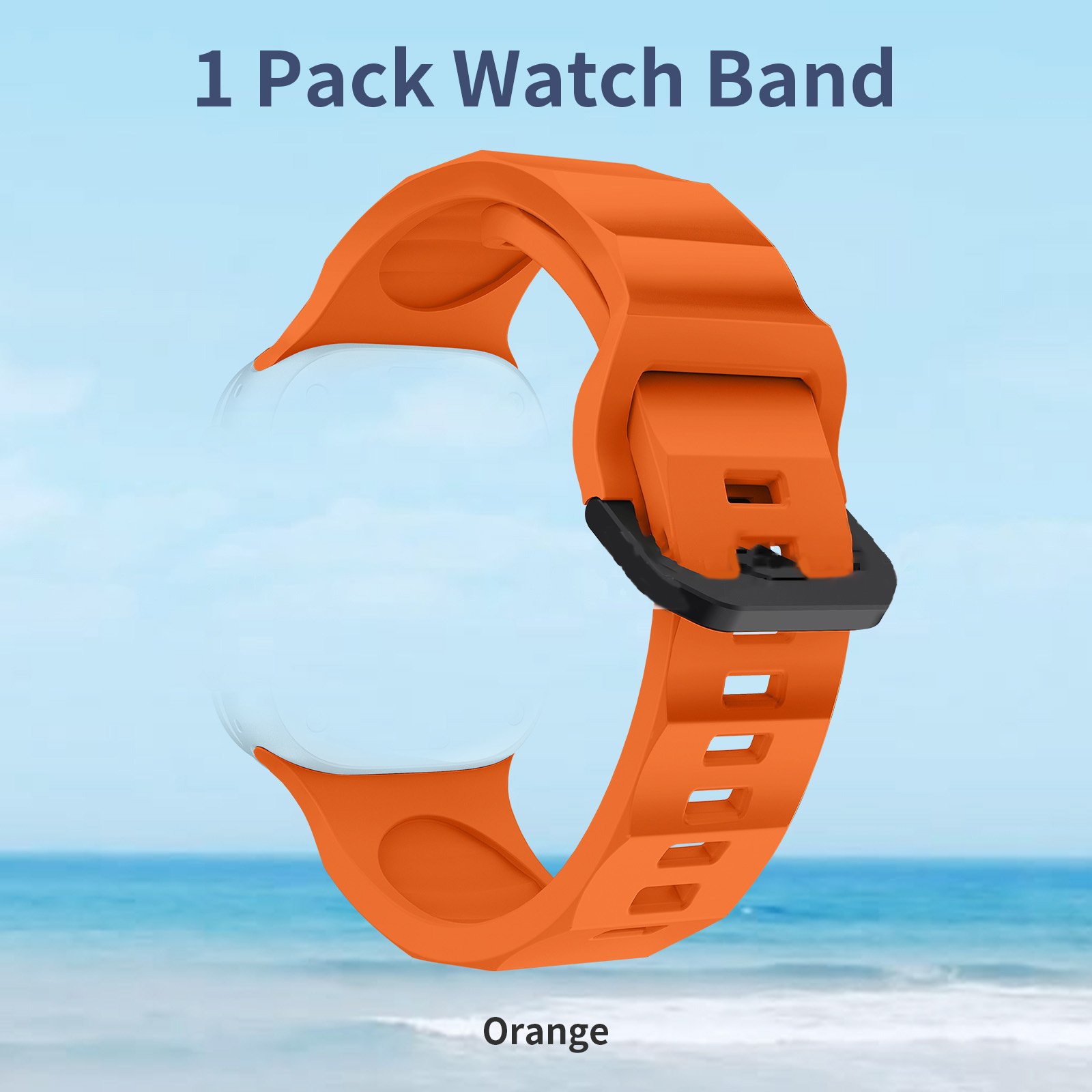 Un cinturino arancione con la scritta '1 Pack Watch Band' e la parola 'Orange'.