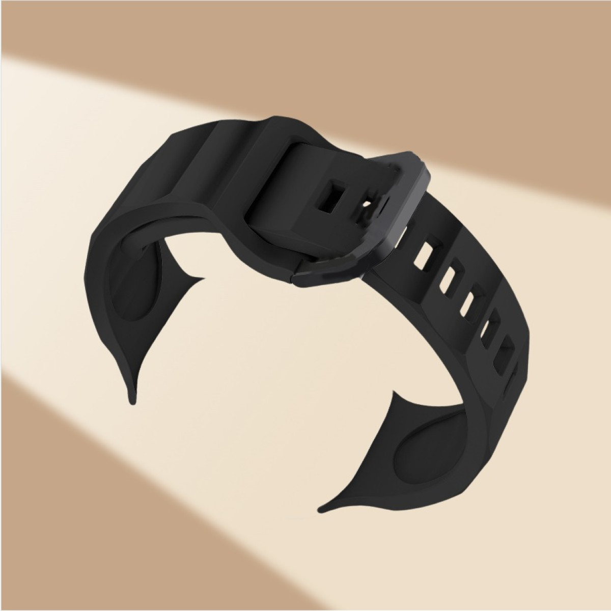 Nahaufnahme eines schwarzen Uhrenarmbands mit Schnalle.