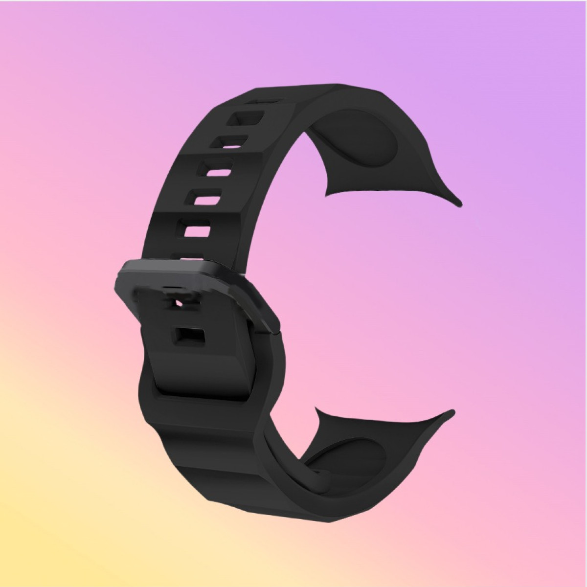 Schwarzes Uhrenarmband mit Schnalle, auf lila und rosa Hintergrund.