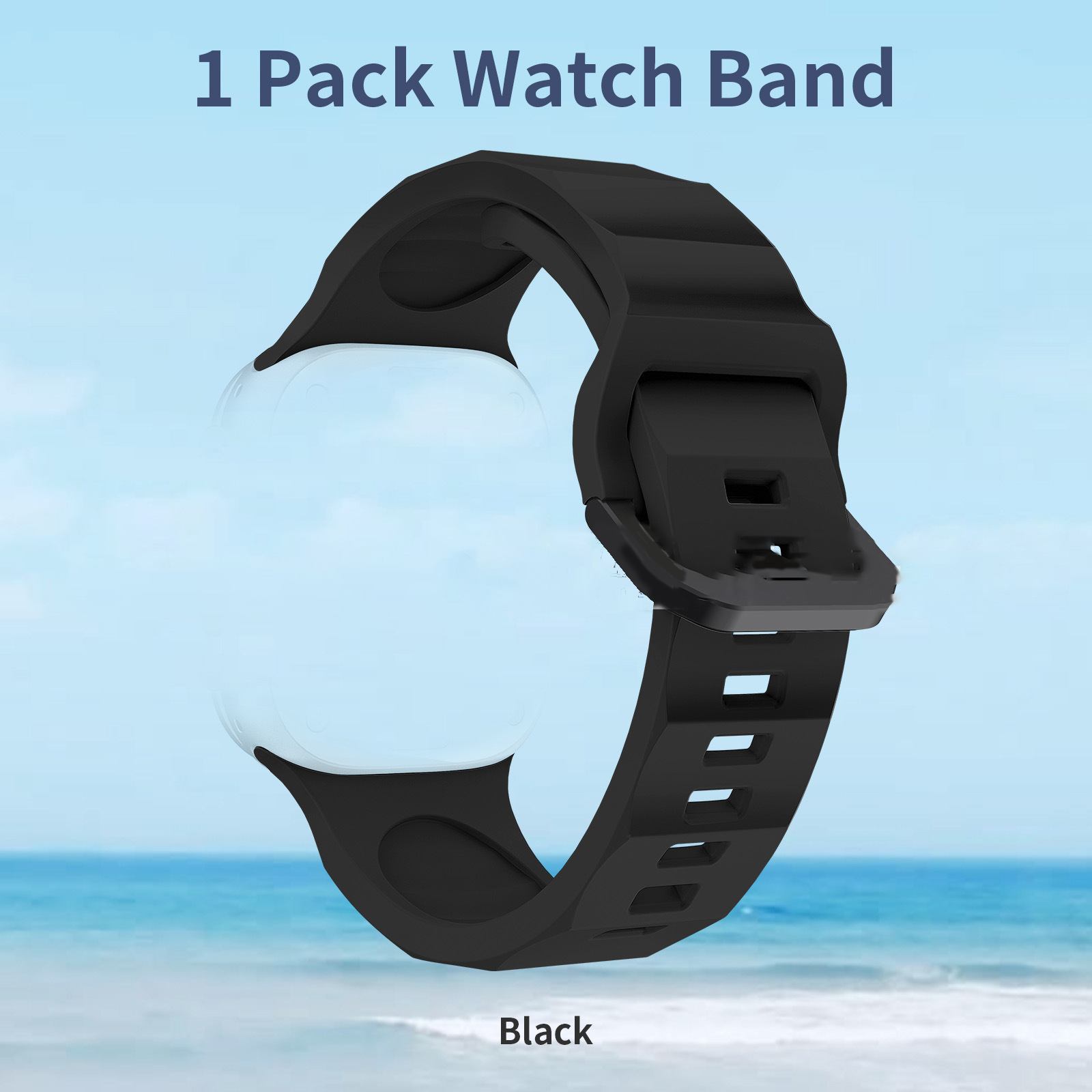 Schwarzes Uhrenarmband mit Text auf blauem Wasserhintergrund.