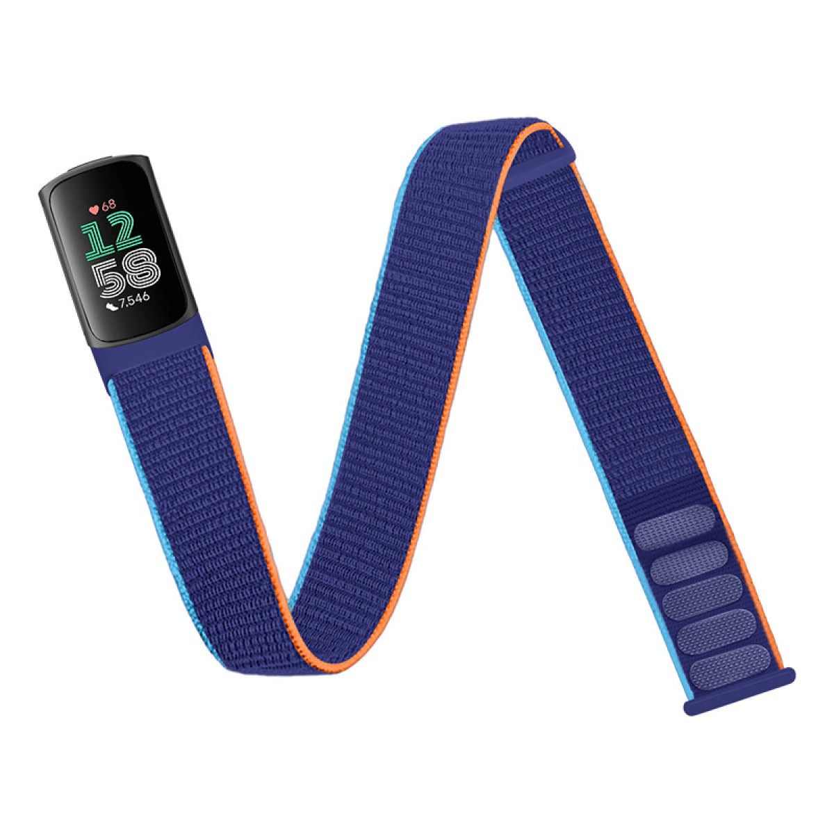 Schwarzer Fitnesstracker an blauem Band mit orangefarbenem Besatz. Zeigt Zeit und Schritte an.