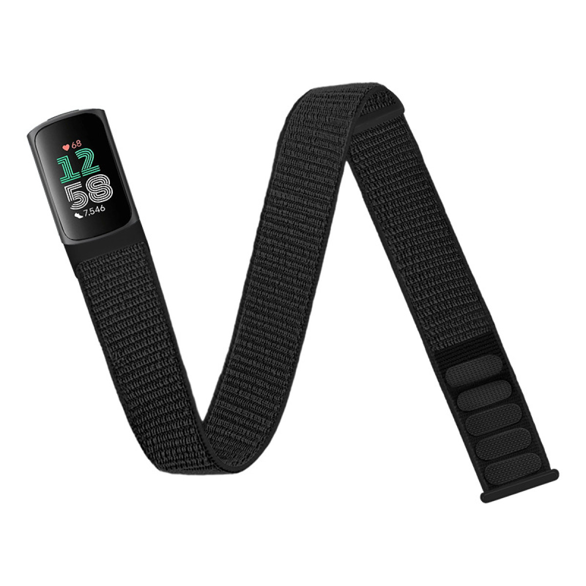 Fitness tracker nero su cinturino nero. Il tracker mostra ora e passi.