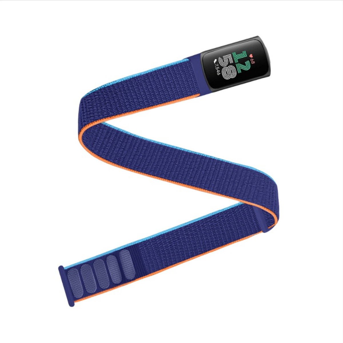 Schwarzer Fitnesstracker an blauem Band mit orangefarbenem Besatz. Zeigt Zeit und Schritte an.