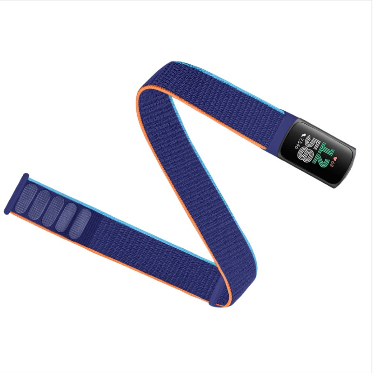 Schwarzer Fitnesstracker an blauem Band mit orangefarbenem Besatz. Zeigt Zeit und Schritte an.