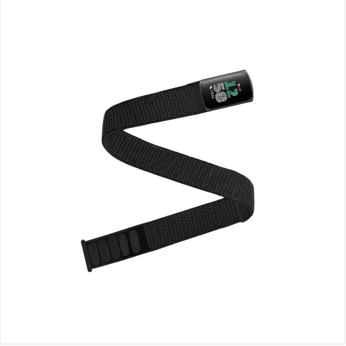 Fitness tracker nero su cinturino nero, angolato su sfondo bianco.