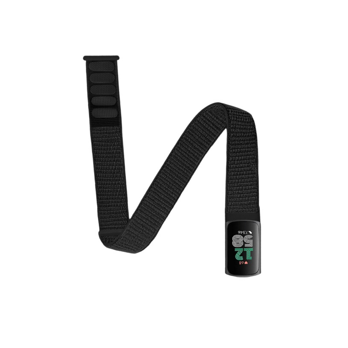 Fitness tracker nero su cinturino nero, angolato su sfondo bianco.