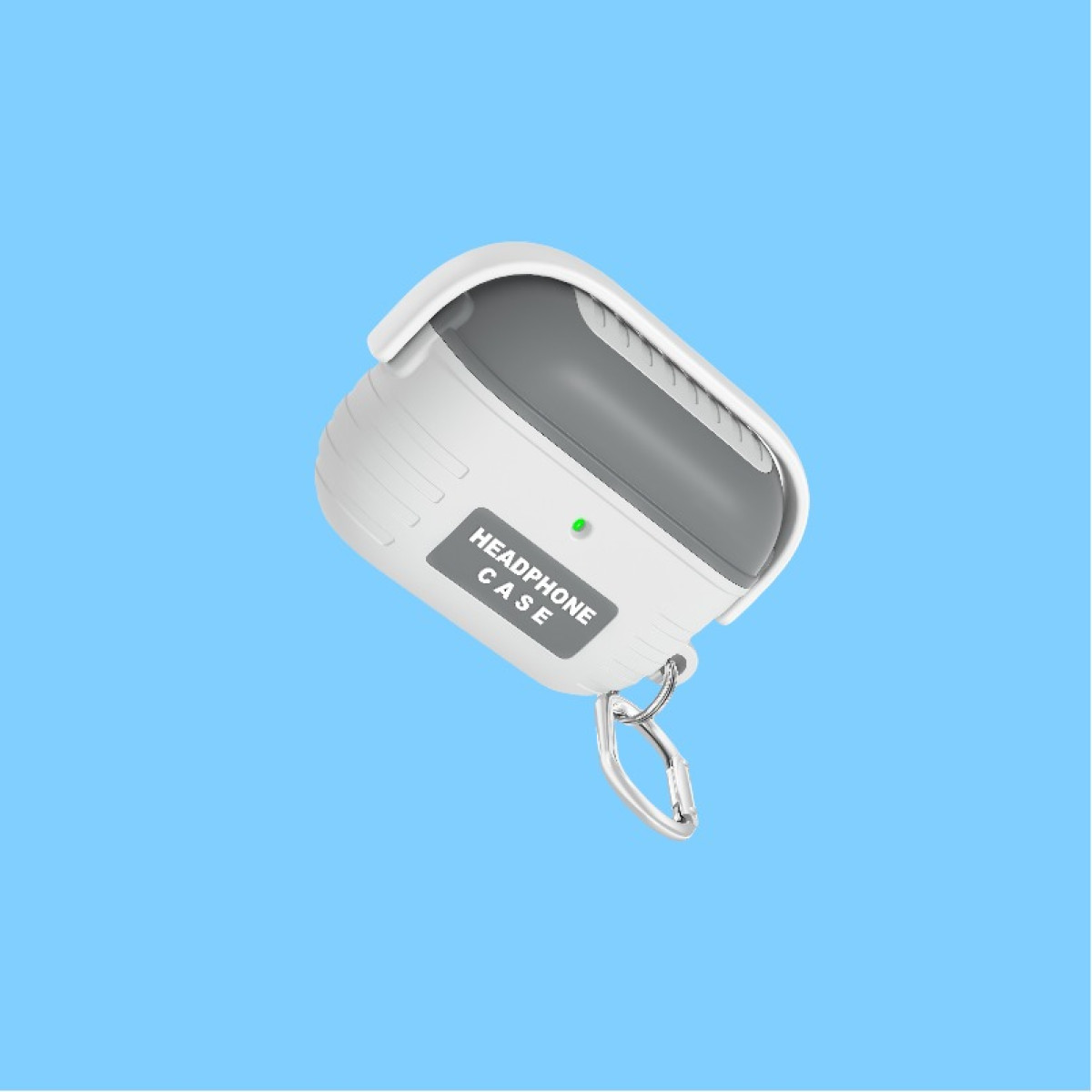 Una funda blanca y gris para auriculares con un clip plateado sobre un fondo azul.