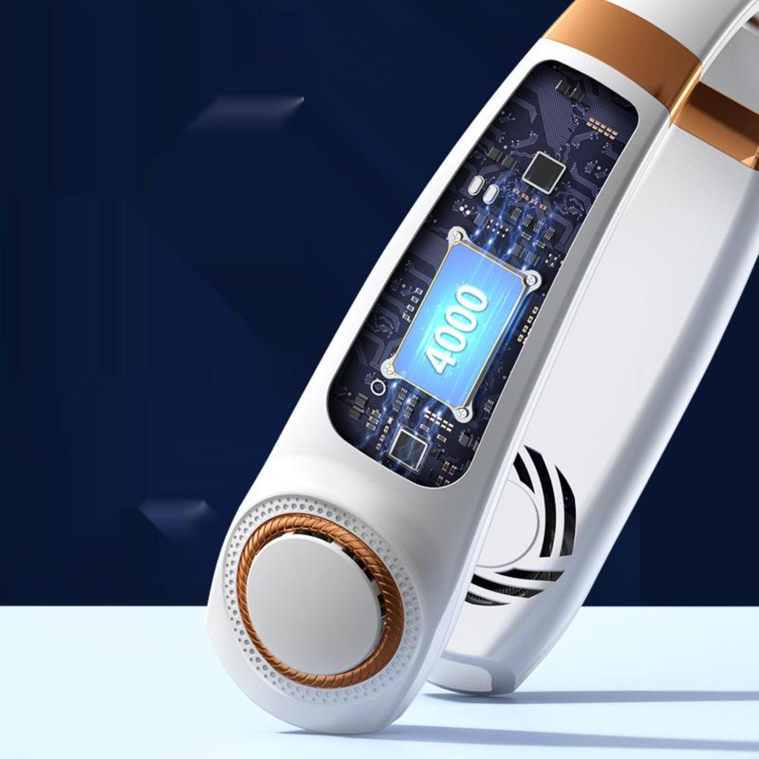 Weißer und goldener Nackenventilator. Der Ventilator hat ein blaues LED-Display und eine 4000-Markierung.
