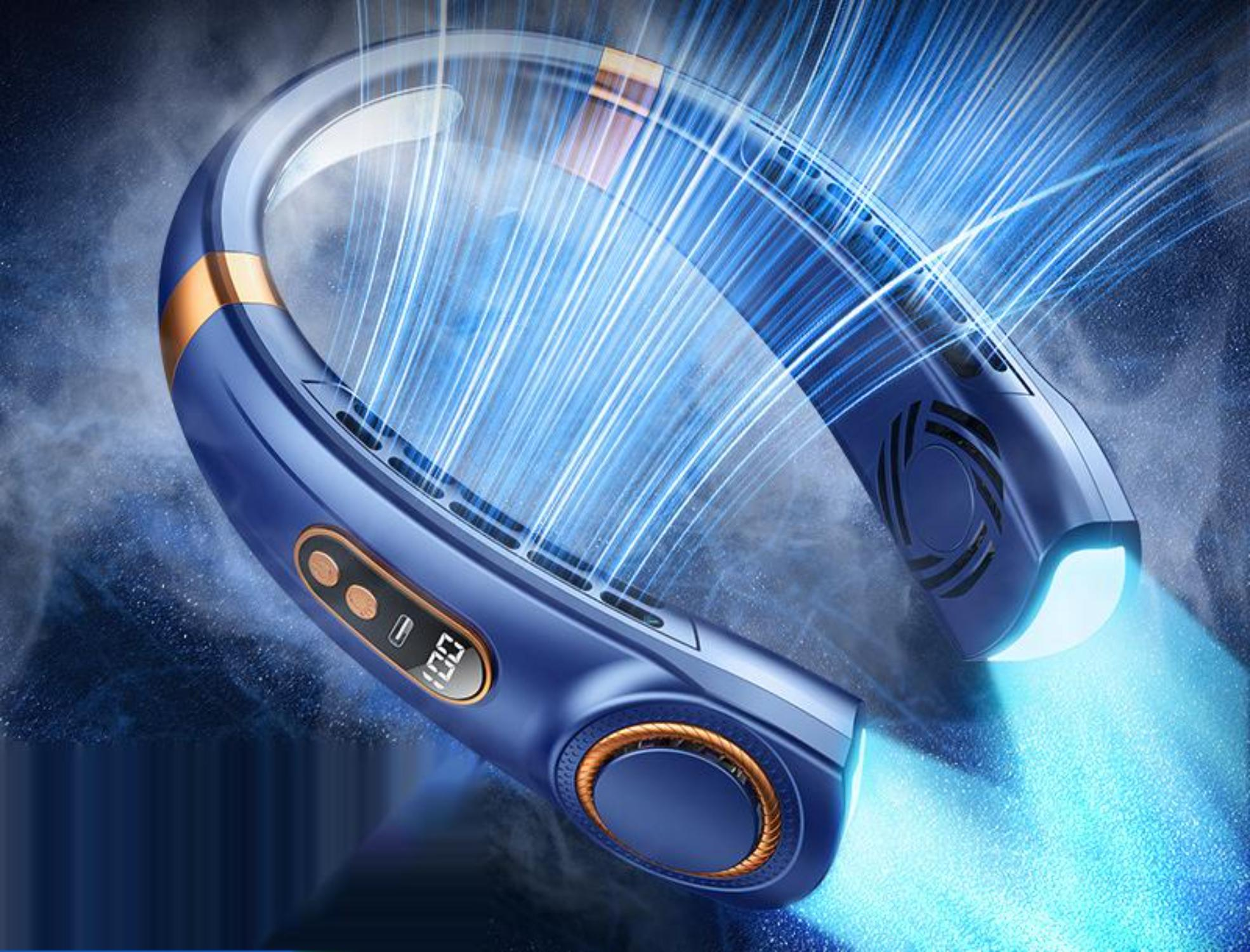 Blau-goldener Nackenventilator, leuchtet, zeigt Digitalanzeige, blauer Hintergrund.