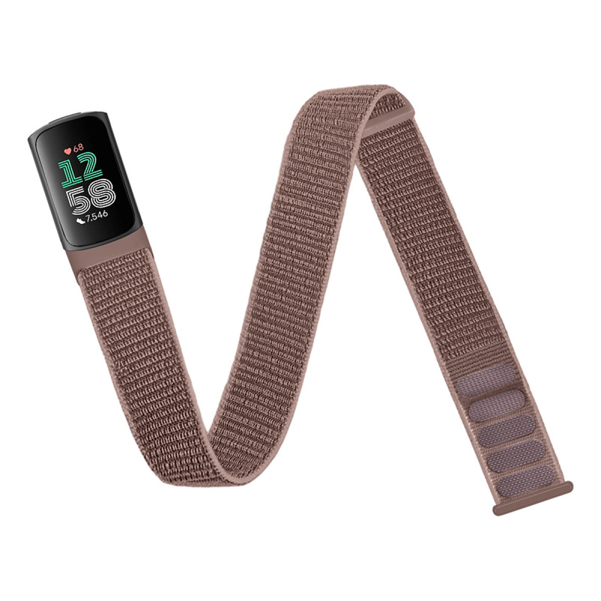 Fitnesstracker mit braunem Armband zeigt Zeit und Herzfrequenz auf weißem Hintergrund.