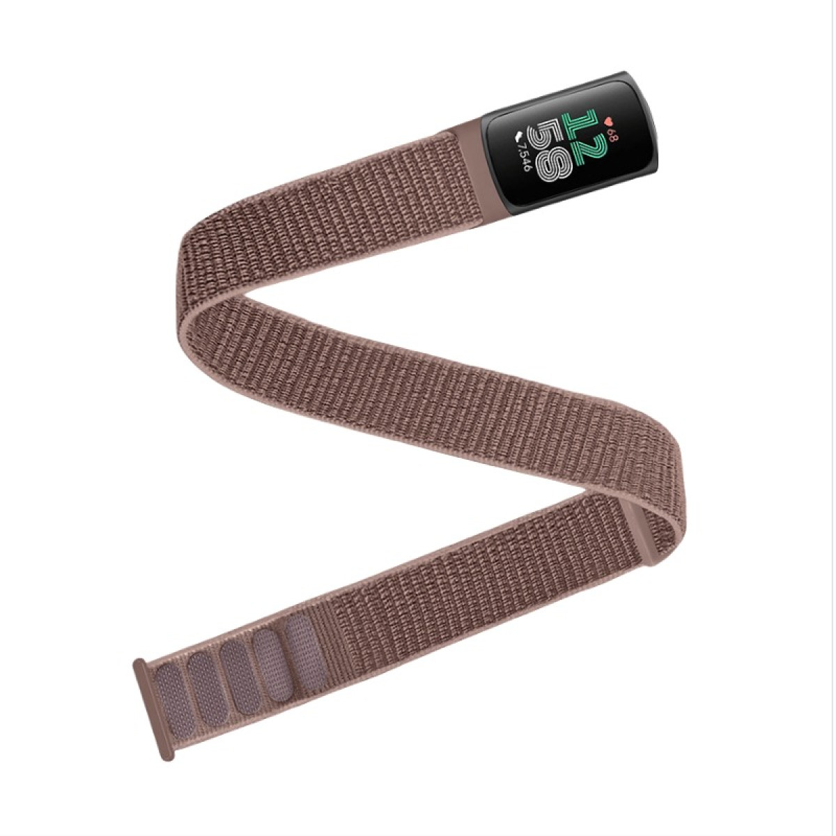 Ein braunes Stoff-Armband mit einem schwarzen, rechteckigen Zifferblatt, das die Uhrzeit und Batterieinformationen anzeigt.