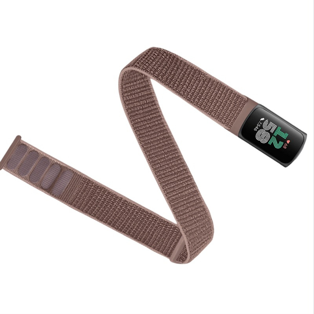 Fitnesstracker mit braunem Armband, zeigt Zeit und Aktivitätsdaten, schräge Ansicht.