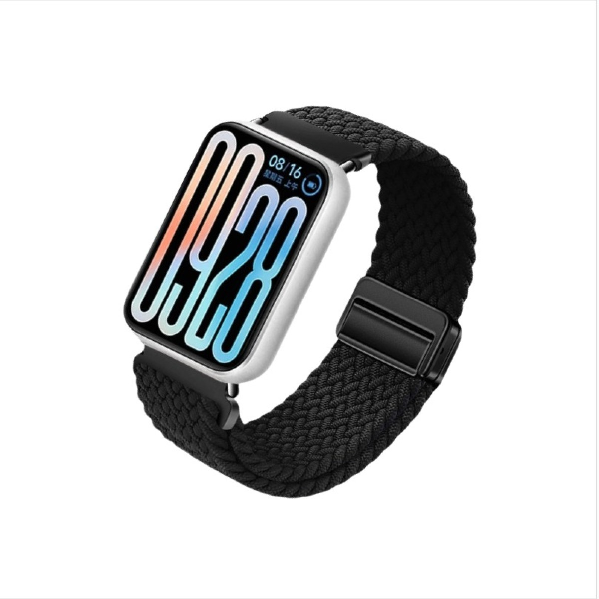 Smartwatch mit schwarzem geflochtenem Armband, silbernem Gehäuse, Anzeige von Uhrzeit und Datum. Weißer Hintergrund.