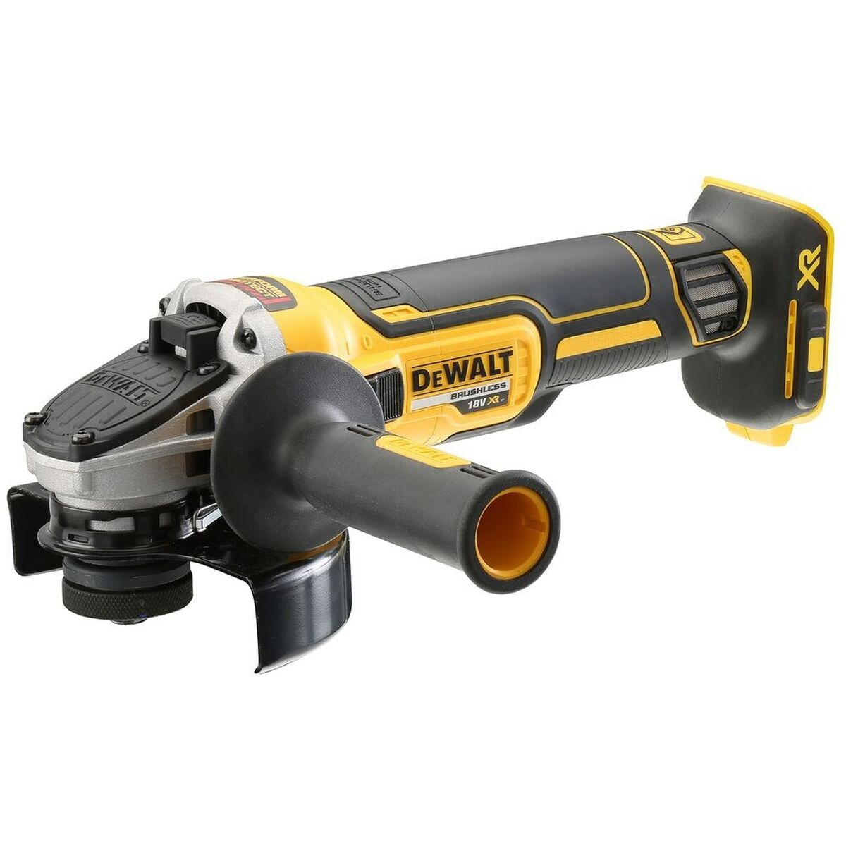 Gelb-schwarzer Dewalt 18V XR bürstenloser Winkelschleifer, mit schwarzem Griff und silbernem Schutz.