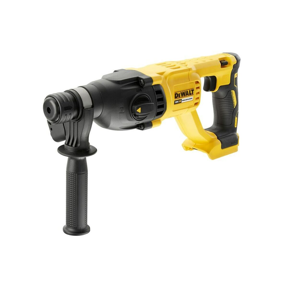 Gelb-schwarzer DeWalt Bohrhammer auf weißem Hintergrund, leicht von oben.
