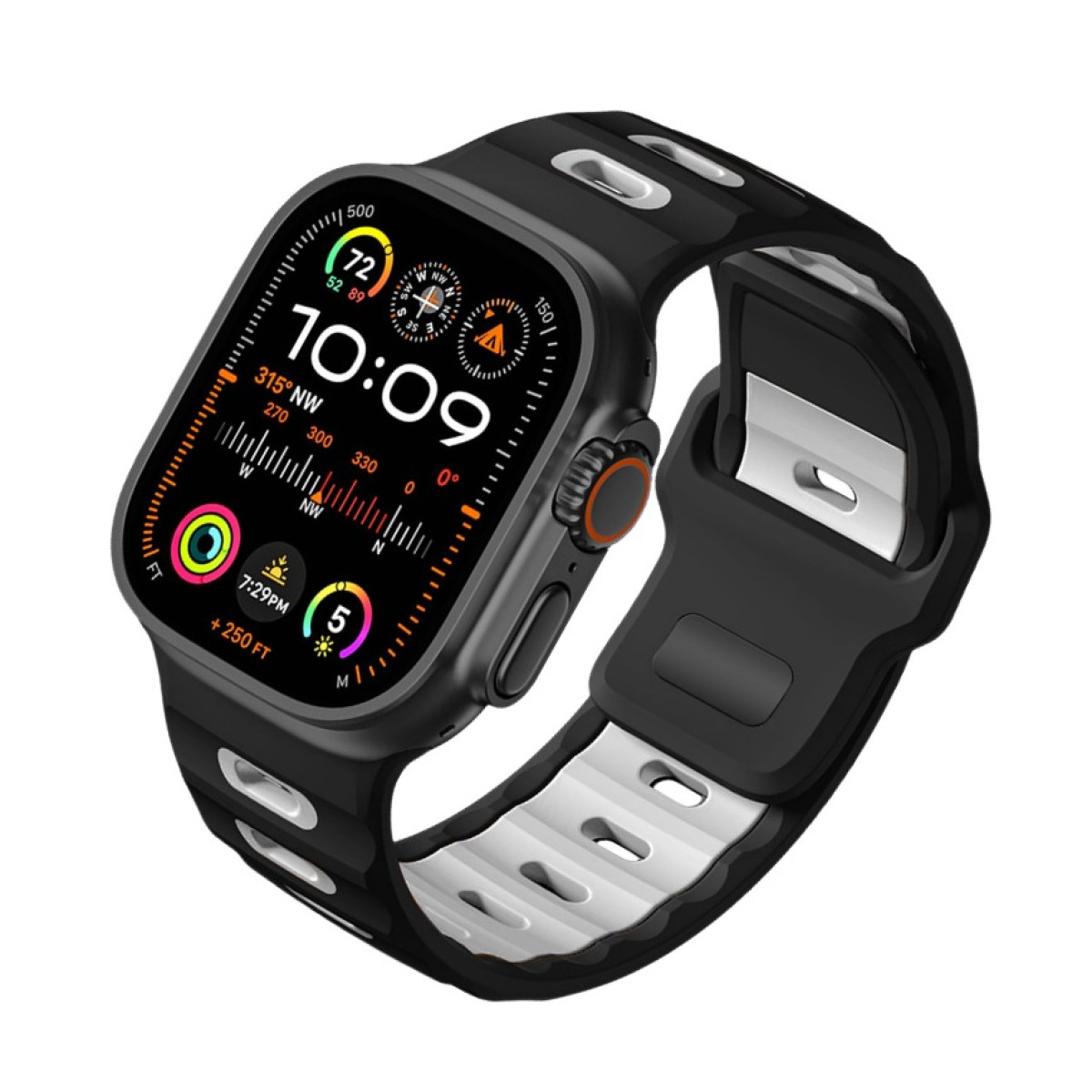 Smartwatch nero con cinturino bianco e nero, che mostra ora e dati. Sfondo bianco.