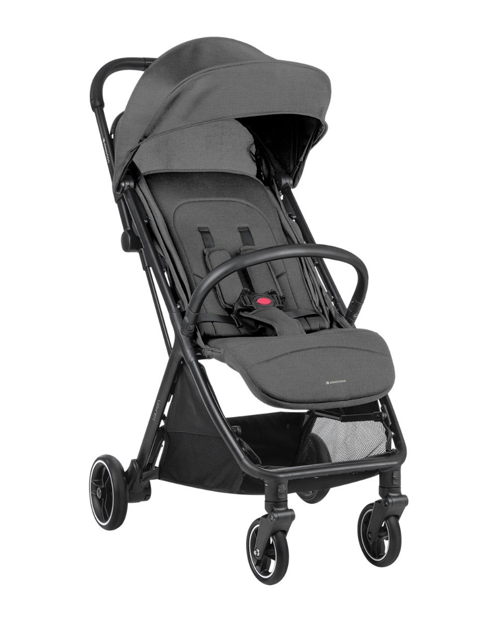 Ein grauer Kinderwagen mit Verdeck, Rädern und schwarzem Rahmen.