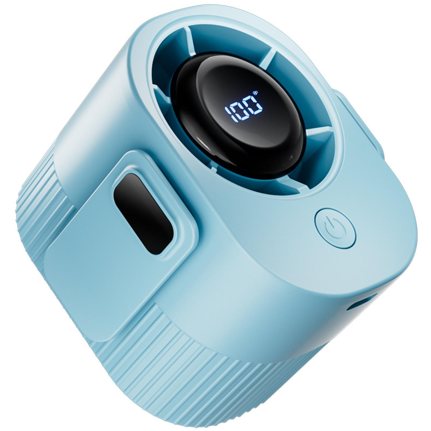 Ein blauer tragbarer Nackenventilator mit Digitalanzeige 100.