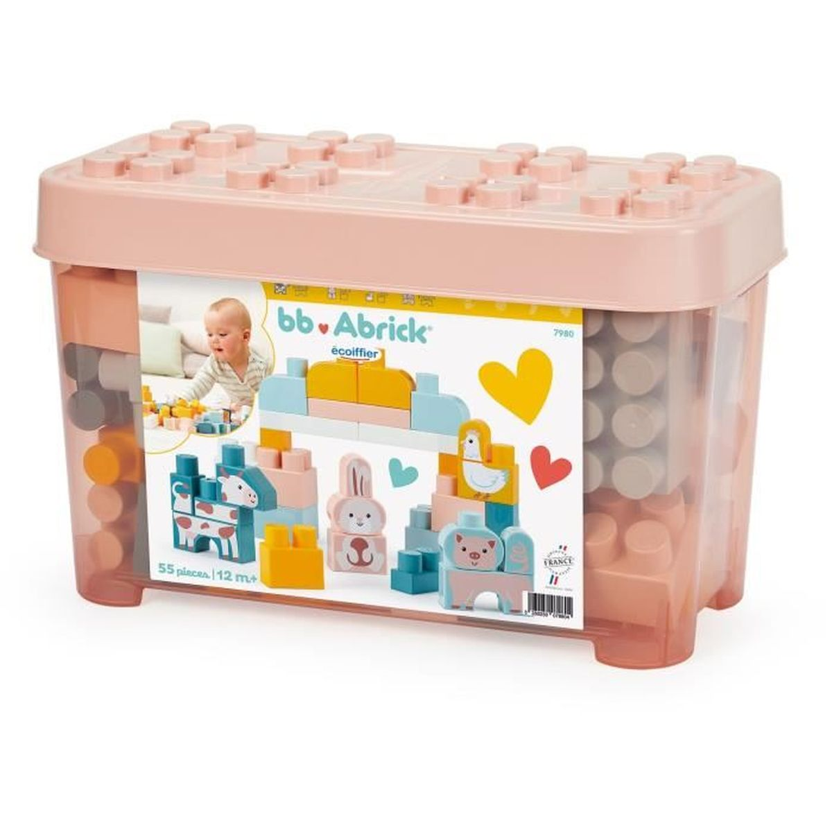 Un contenitore di plastica pieno di blocchi e figure giocattolo colorati, con un'immagine di bambino sull'etichetta.