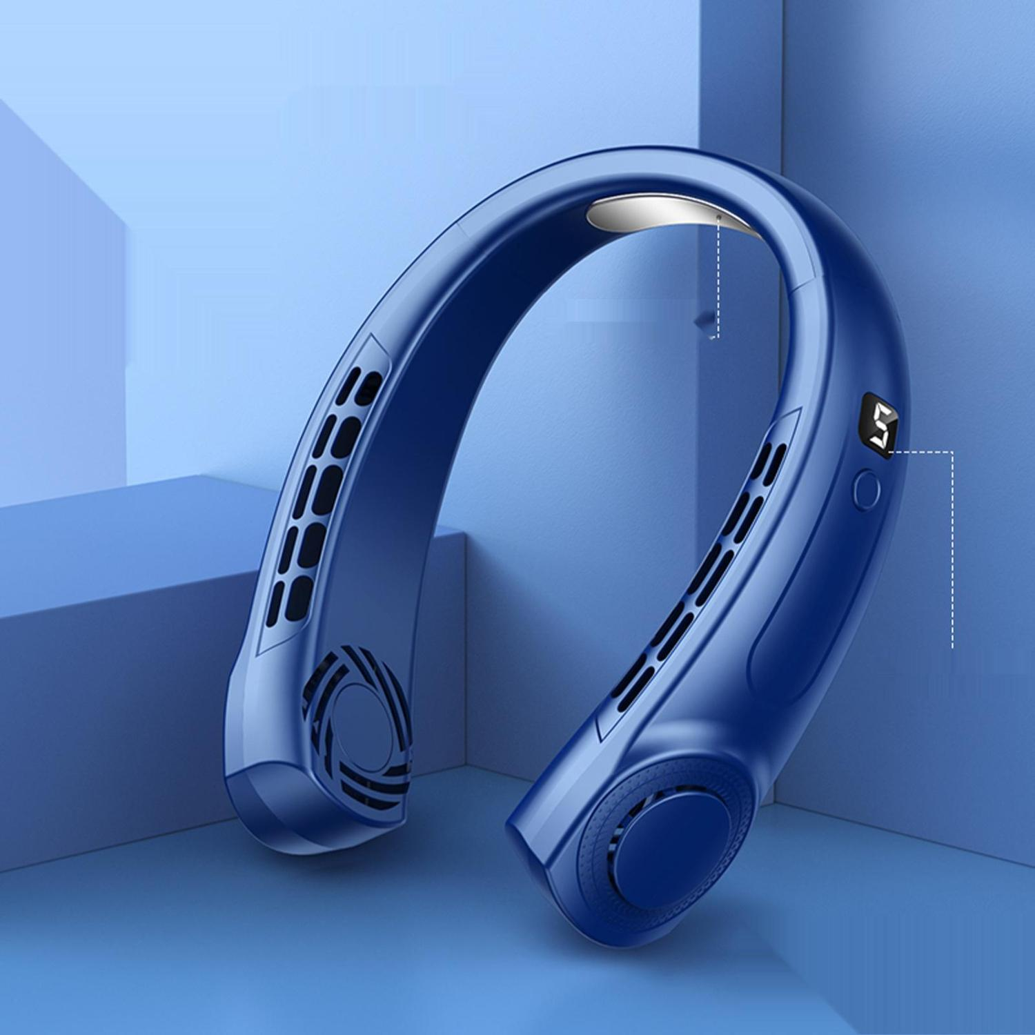 Blauer Nackenventilator, geschwungenes Design, mit Lüftungsschlitzen und Digitalanzeige.