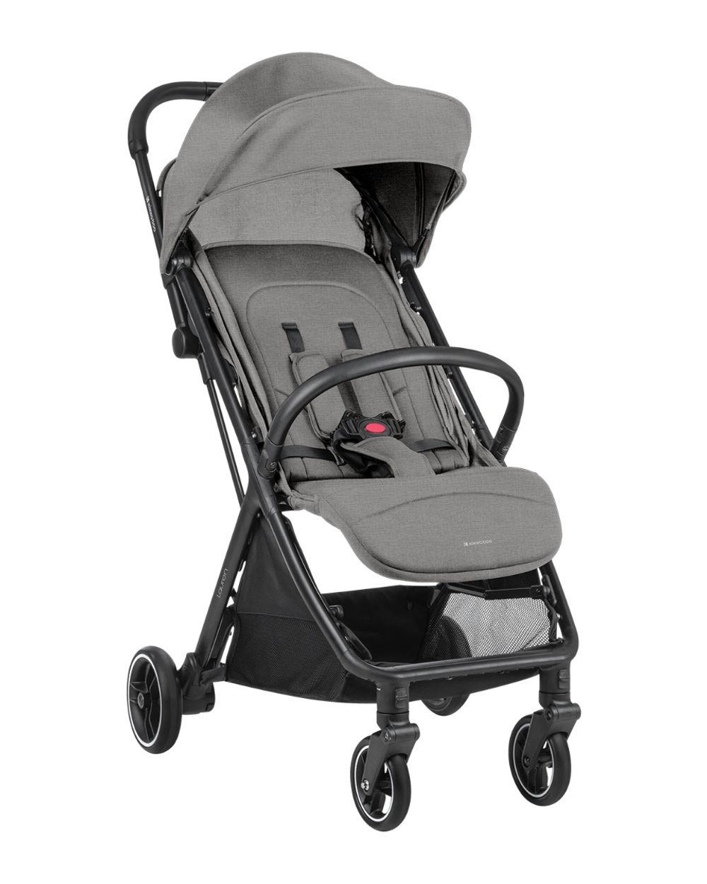 Ein grauer Kinderwagen mit schwarzem Rahmen steht vor einem weißen Hintergrund.