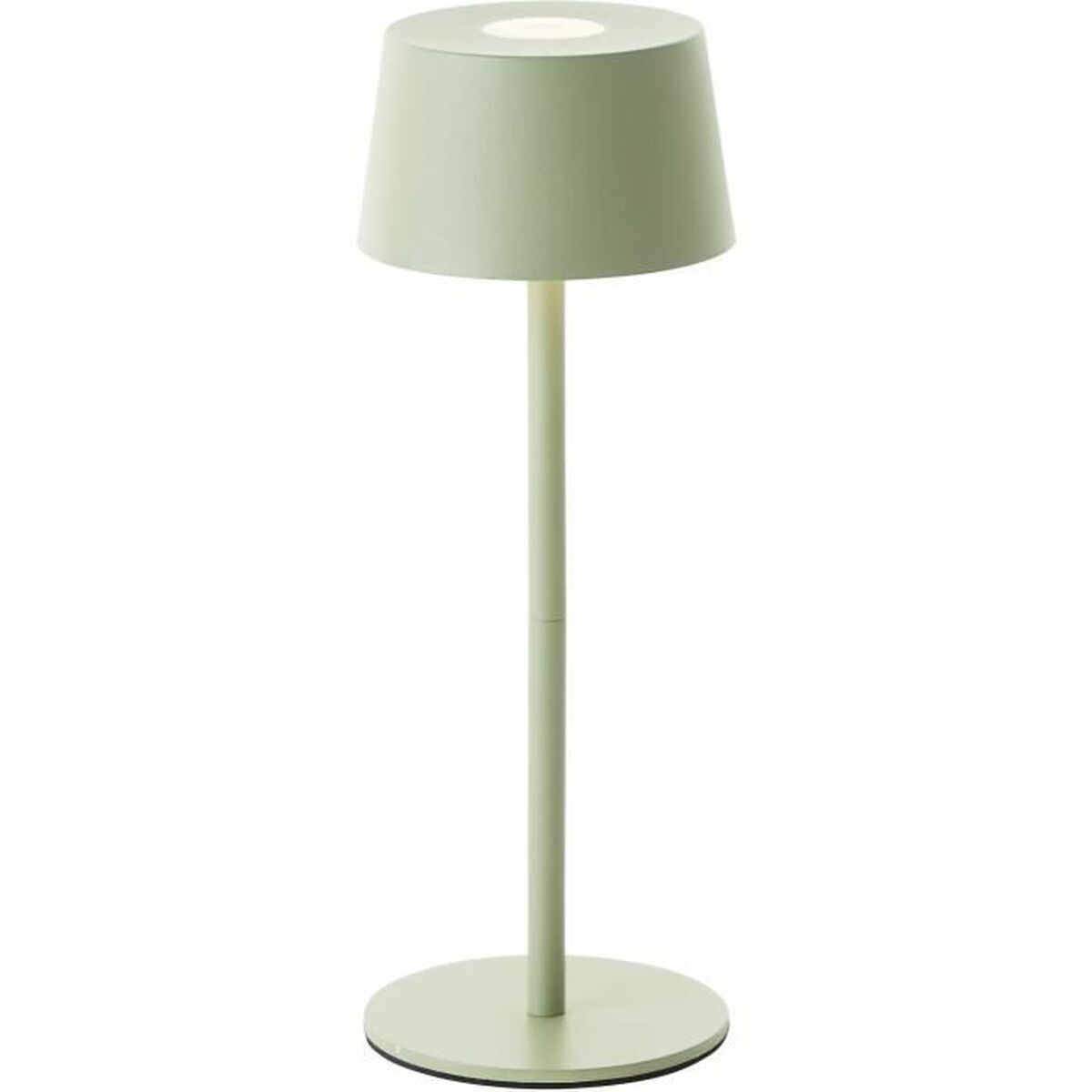 Eine kleine, grüne Tischlampe mit rundem Lampenschirm. Sie hat einen kreisförmigen Fuß.