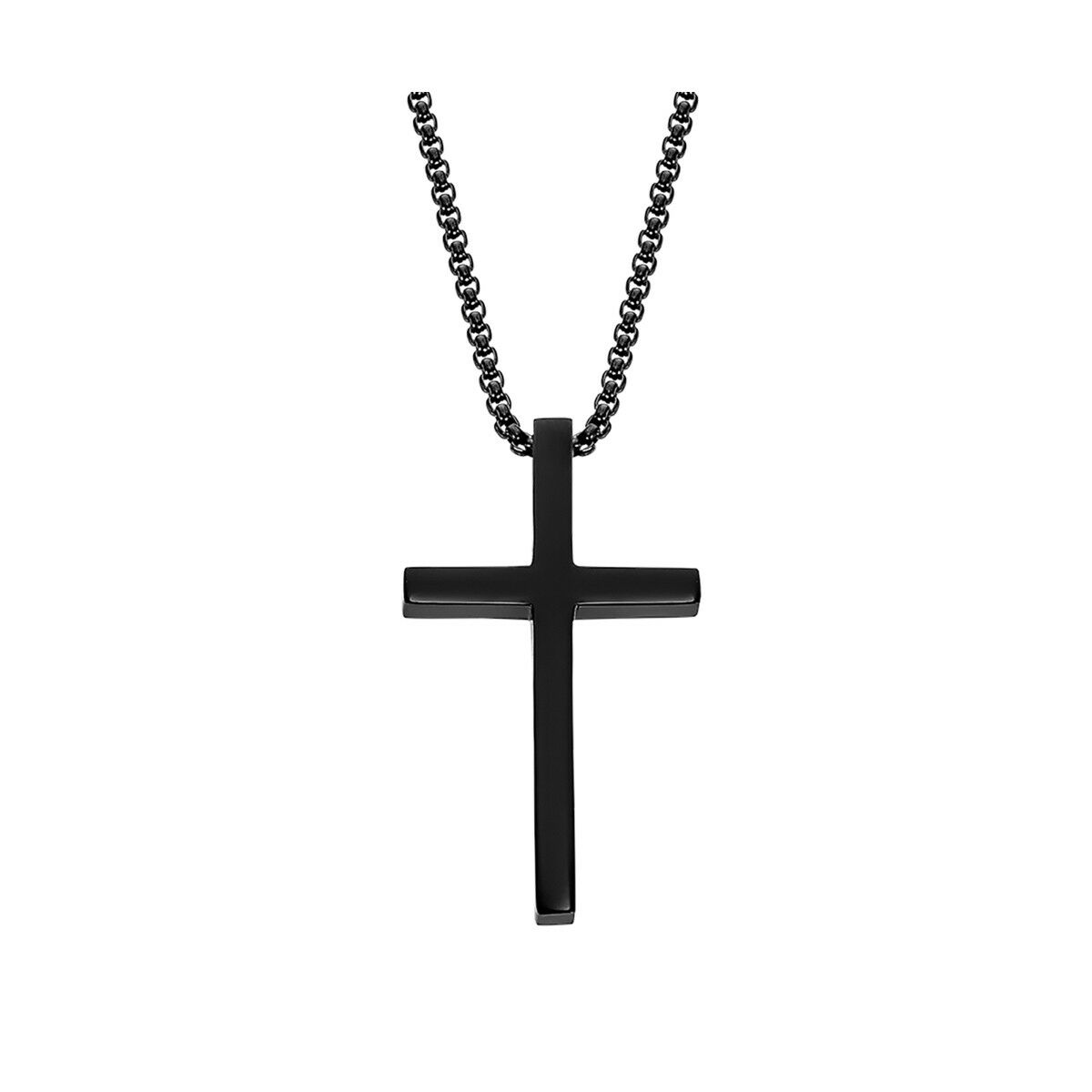 Schwarze Metallkreuz-Anhänger-Halskette. Das Kreuz ist ein schlichtes, massives Design mit Kette.