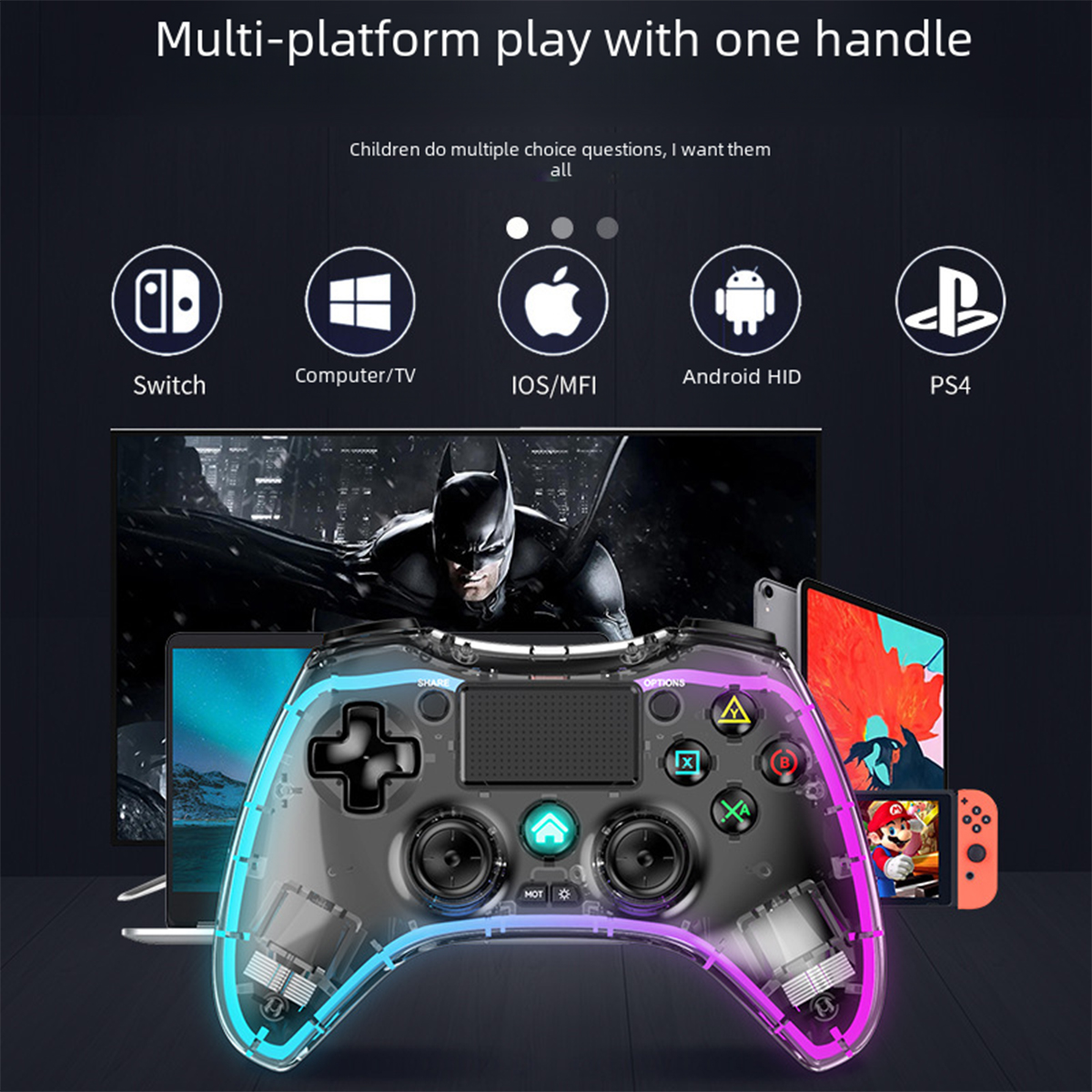 Bild zeigt transparenten Game-Controller mit Neonlichtern, neben verschiedenen Spieleplattformen und Geräten.