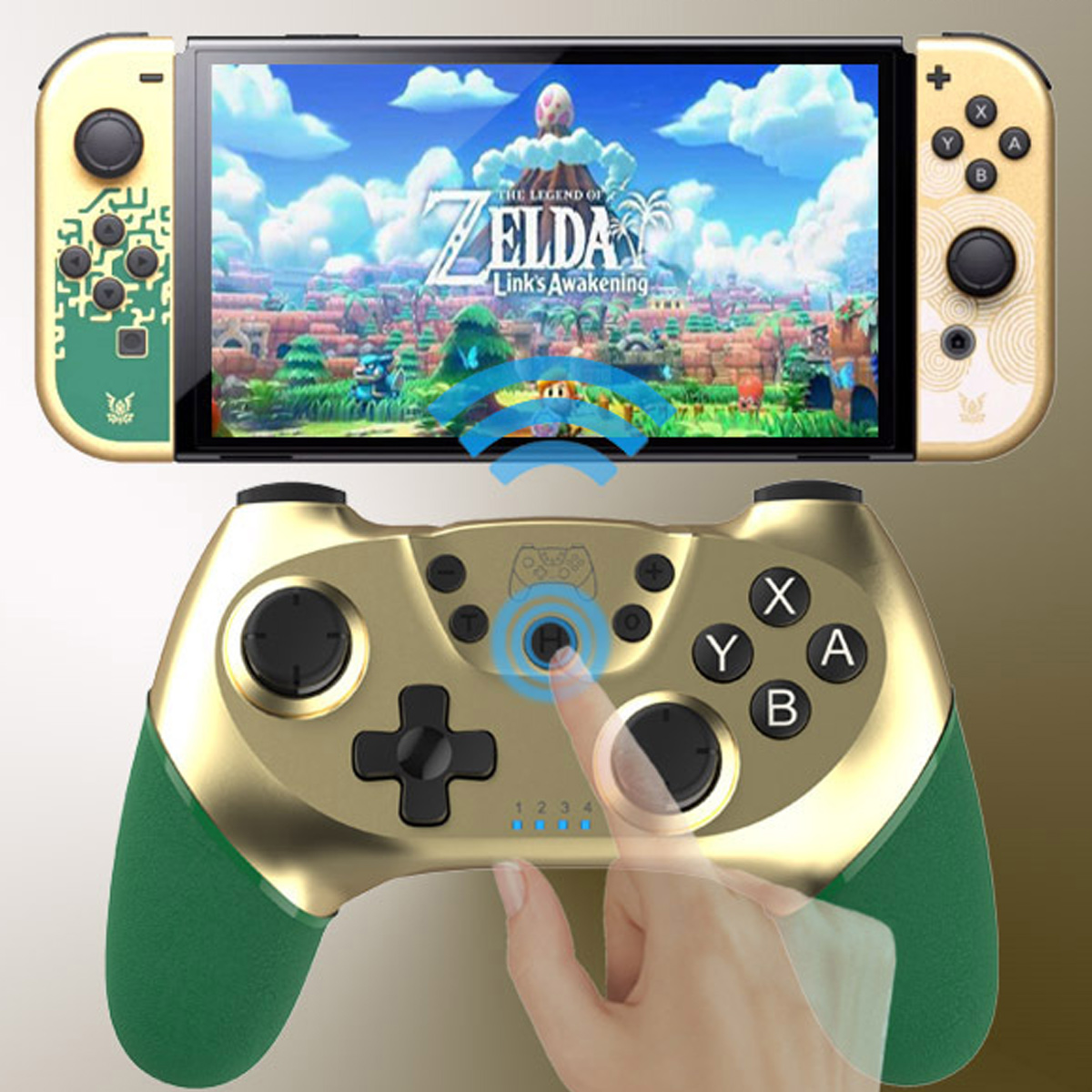 Nintendo Switch Konsole mit angebrachtem Gold- und Grün-Controller. Eine Hand berührt den Controller.