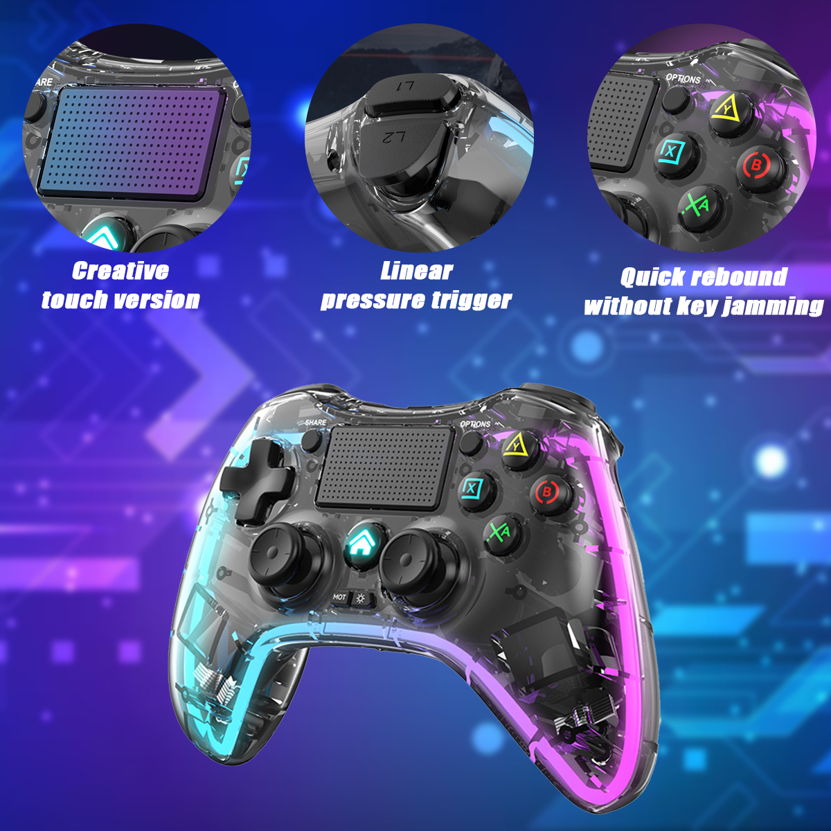 Ein durchsichtiger Gamecontroller mit Knöpfen, Steuerkreuz und einer Touch-Version. Er hat blaue und violette Lichter.