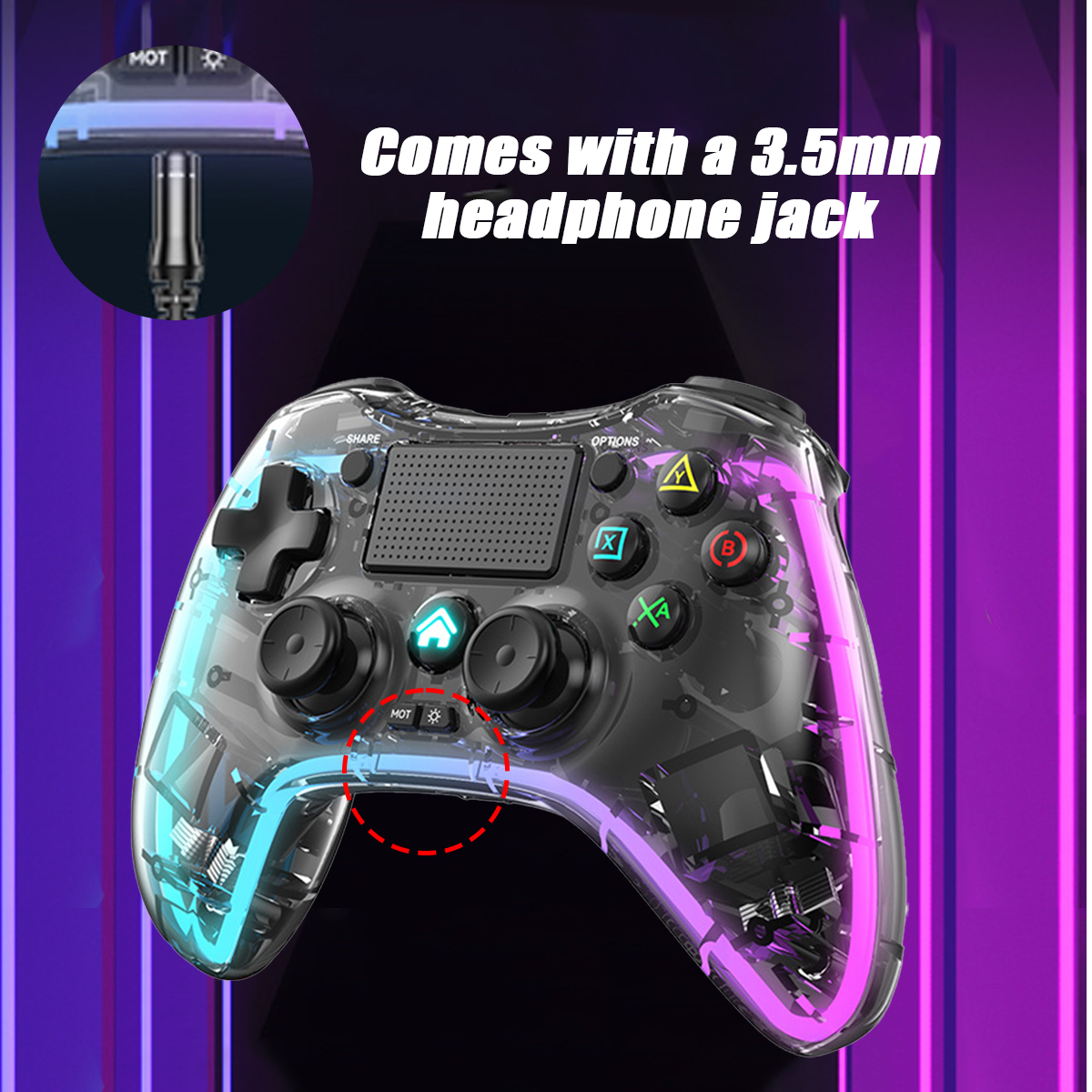Transparenter Game-Controller mit Neonlichtern. Hervorgehobener Bereich zeigt einen 3,5-mm-Kopfhöreranschluss.