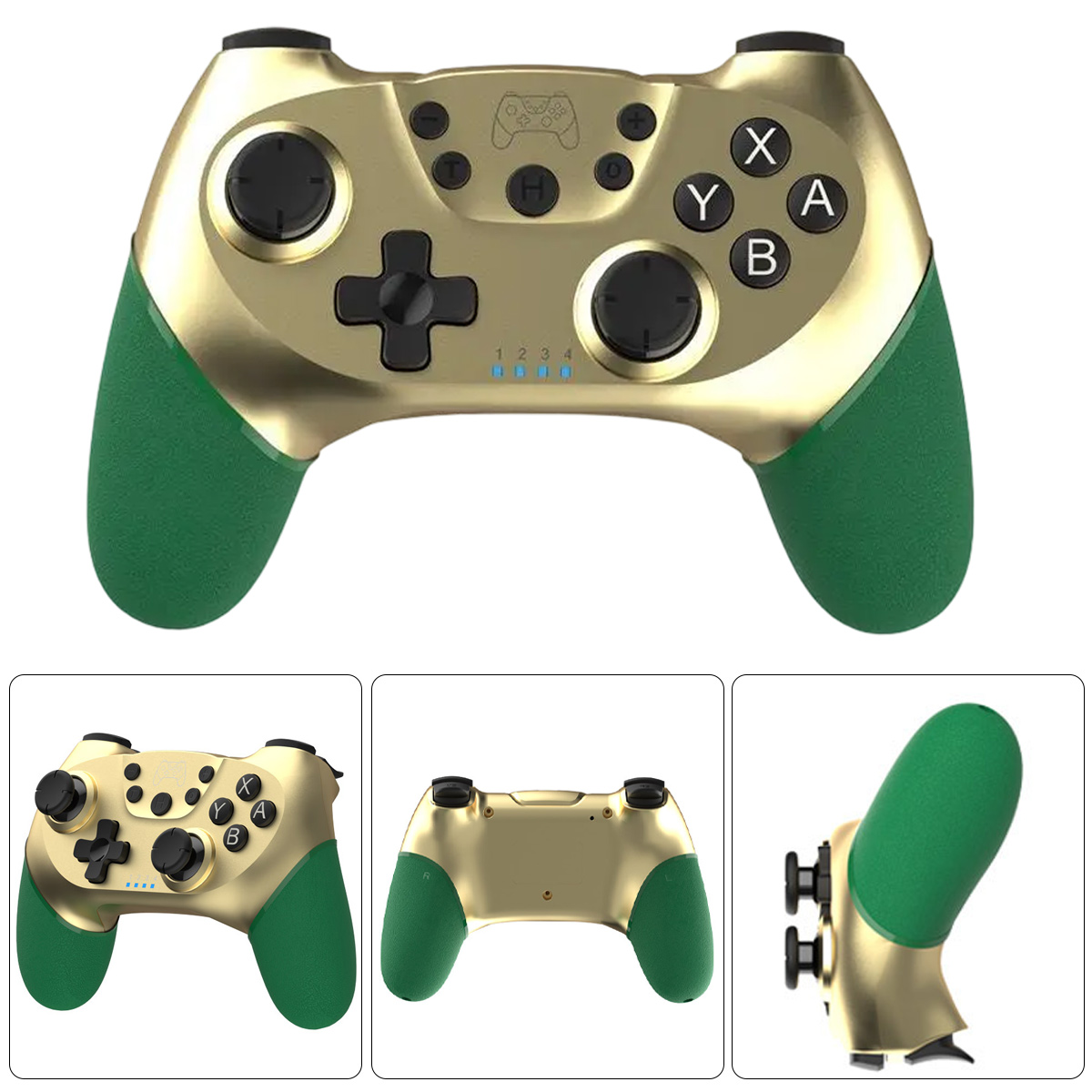 Mehrere Ansichten eines gold-grünen Game-Controllers. Mit schwarzen Tasten, Joysticks und einem Steuerkreuz.