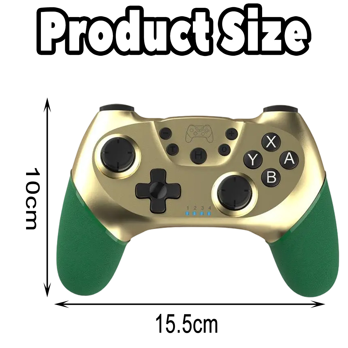 Ein gold-grüner Gamecontroller mit Abmessungen. Es hat Knöpfe und ein Joystick-Layout.