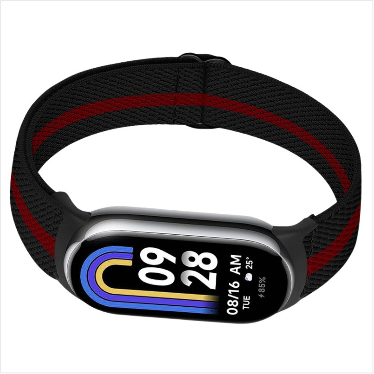 Ein schwarzer Fitnesstracker mit einem schwarz-rot gestreiften Band. Der Tracker zeigt Datum, Uhrzeit und Akkustand an.
