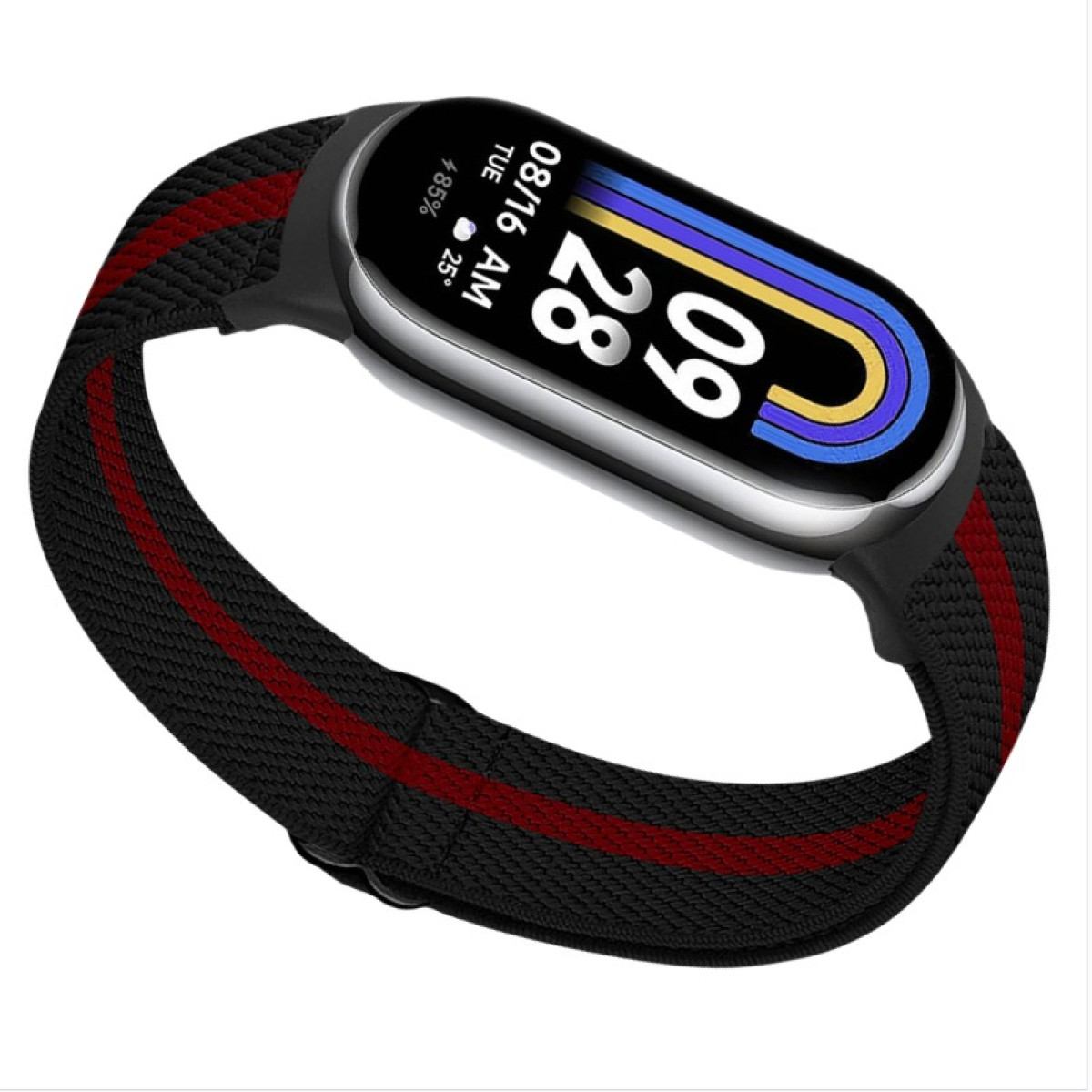 Ein Fitnesstracker mit einem schwarzen Band mit roten Streifen. Der Bildschirm zeigt Datum, Uhrzeit und Akkulaufzeit an.
