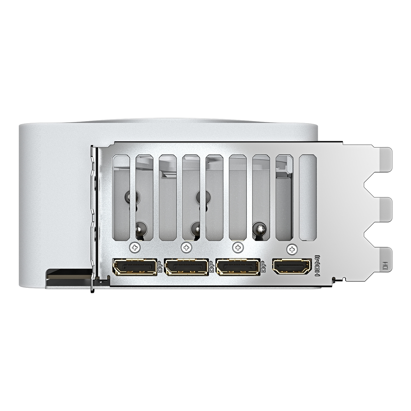 Tył karty graficznej. Posiada porty do wyświetlania i zasilania. Karta jest biała i srebrna.