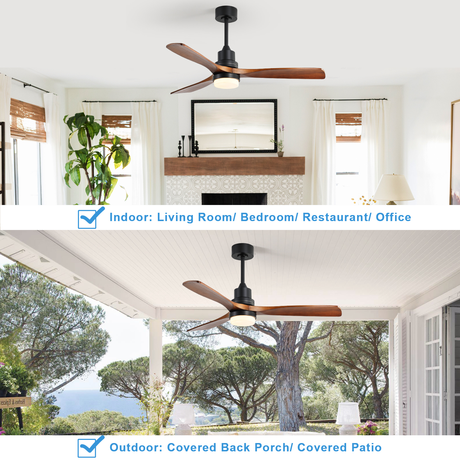 Zwei Deckenventilatoren. Einer drinnen, einer draußen. Beide haben Holzflügel und eine zentrale Lichtquelle.