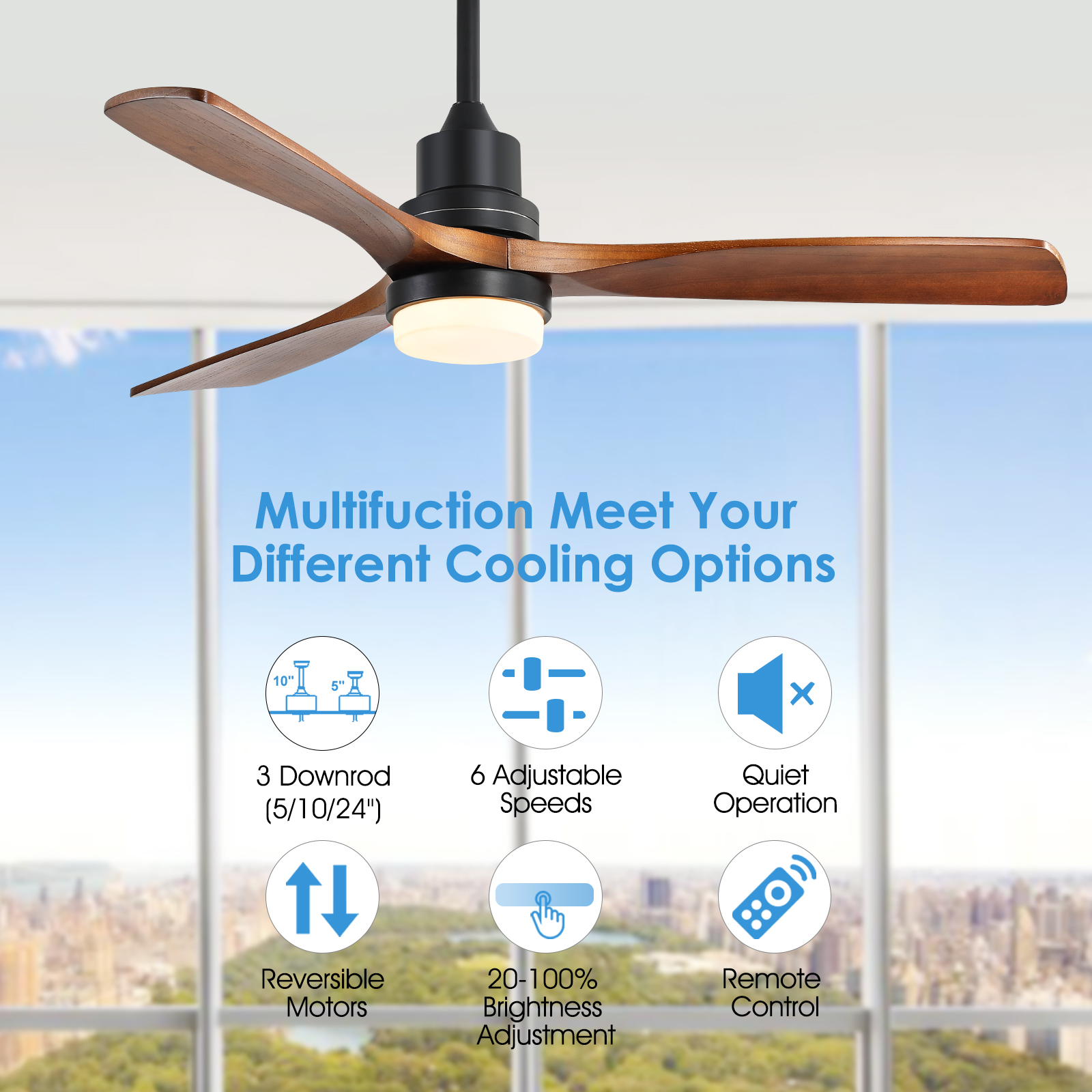 Ein Deckenventilator mit Holzflügeln und einer zentralen Leuchte. Text zeigt Funktionen wie einstellbare Geschwindigkeiten.