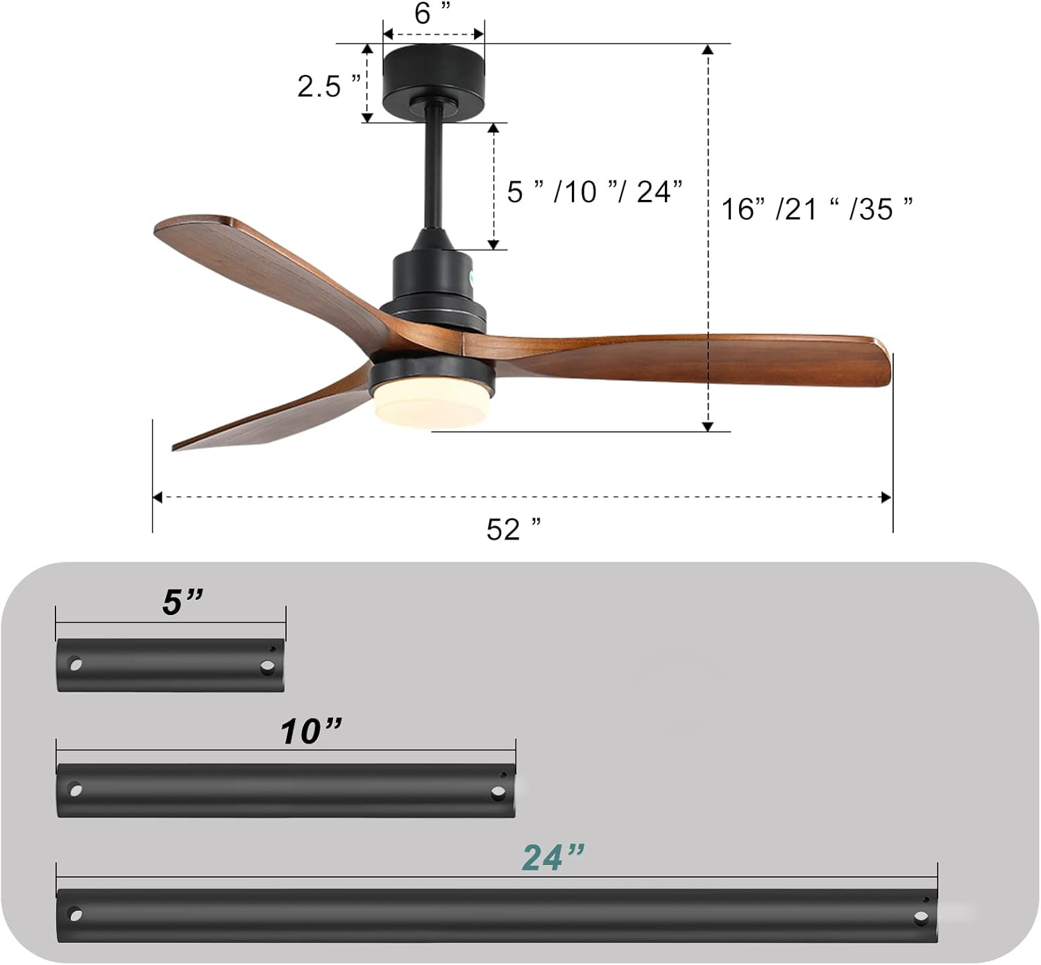 Diagramm eines Deckenventilators mit Abmessungen und Stangenlängen. Enthält eine Maßanleitung.